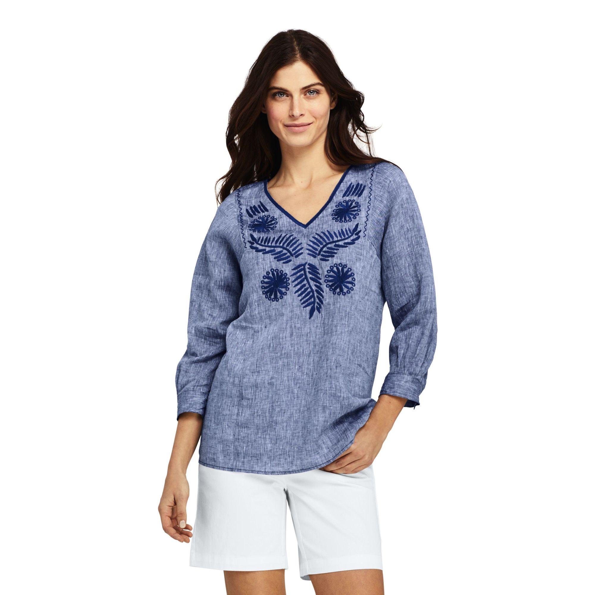 Lands' End Embroidered Linen Blouse in Blue Lyst