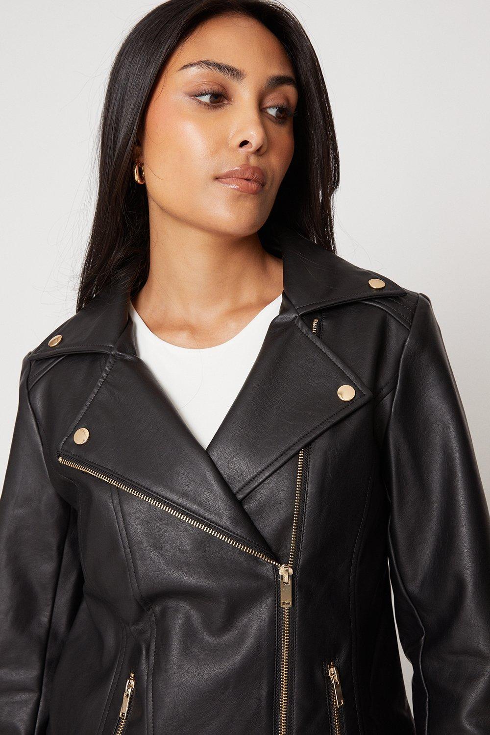 Wallis Petite Black Faux Leather Biker Jacket | Lyst UK