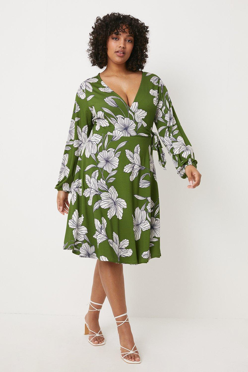 Curve Green Floral Jersey Wrap Midi Dress