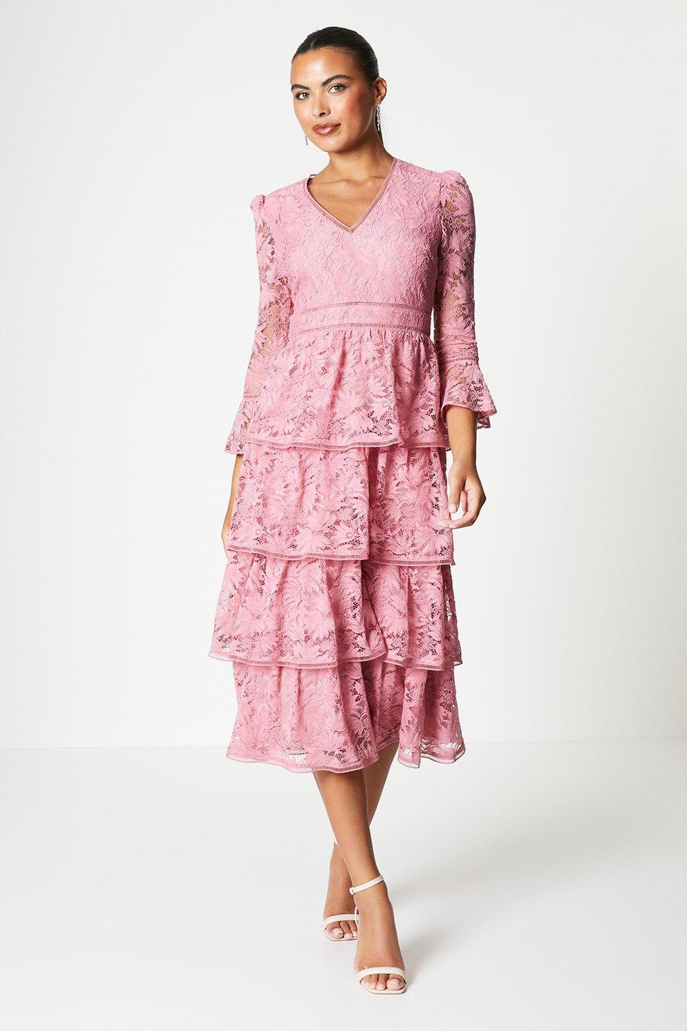 Layered Lace Dress With Ruffle Sleeve