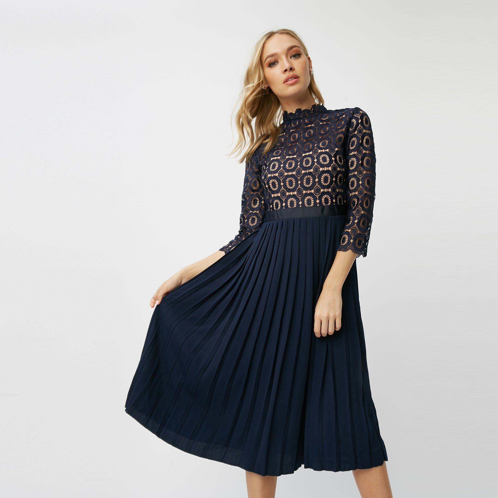 little mistress alice white crochet top midi dress with pleated skirt