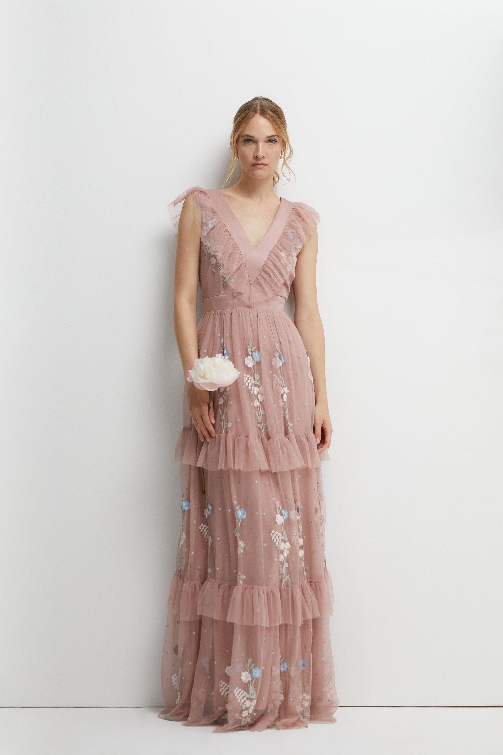 Needle & thread embroidered maxi dress with deals flutter sleeve in rose