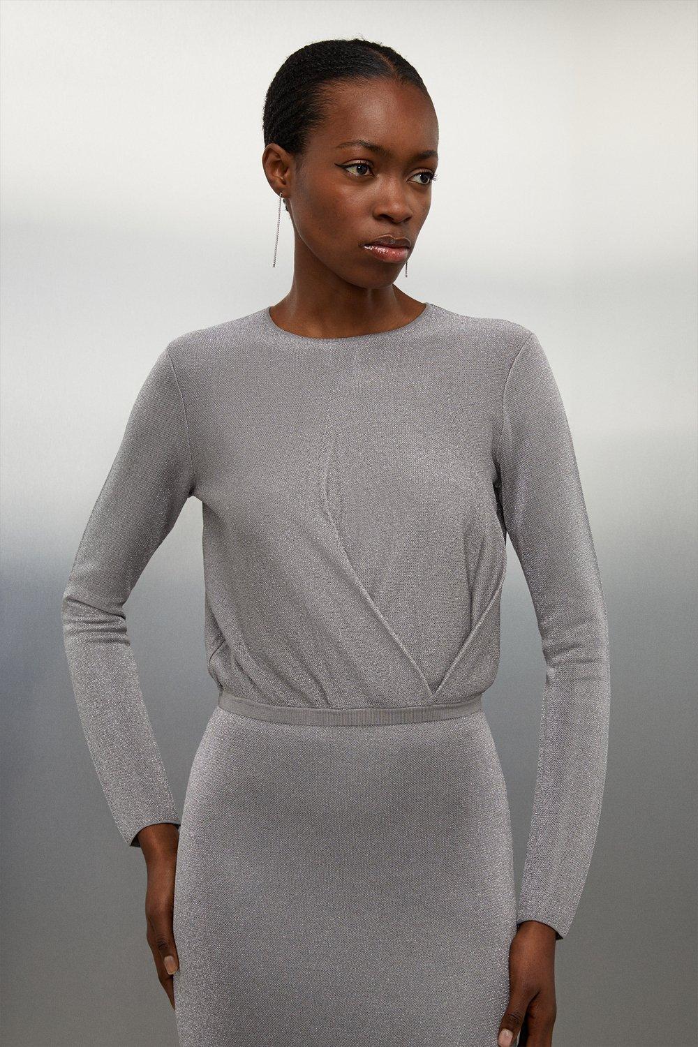 Karen Millen Slinky Viscose Split Detail Knit Maxi Dress in Grey