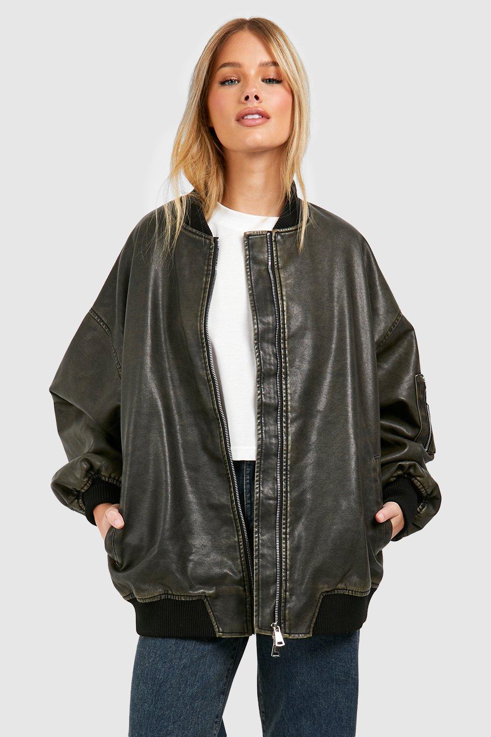 Boohoo Vintage Look Oversized Faux Leather Bomber Jacket in Grey | Lyst UK