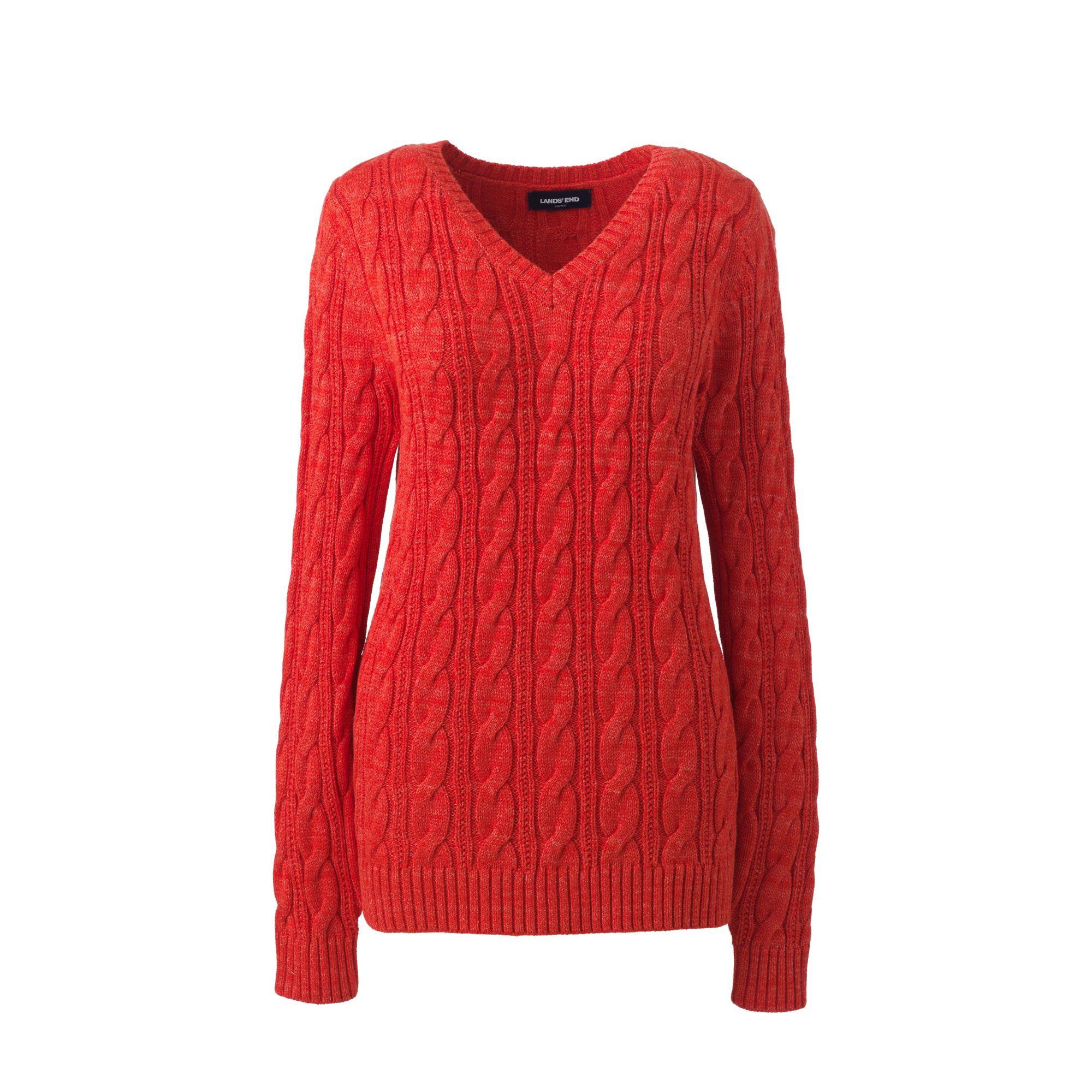 Lands' End Petite Cotton Cable Vneck Jumper in Red Lyst