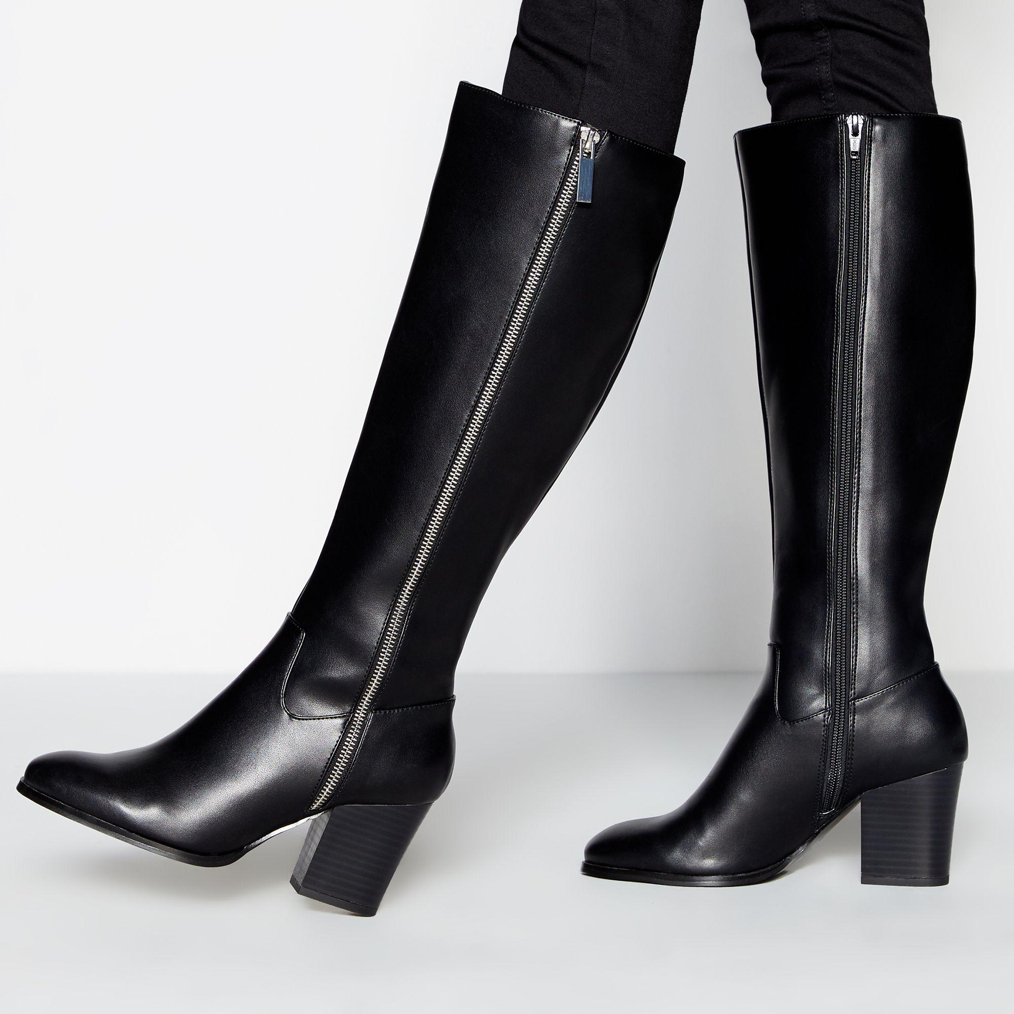 leather block heel knee high boots