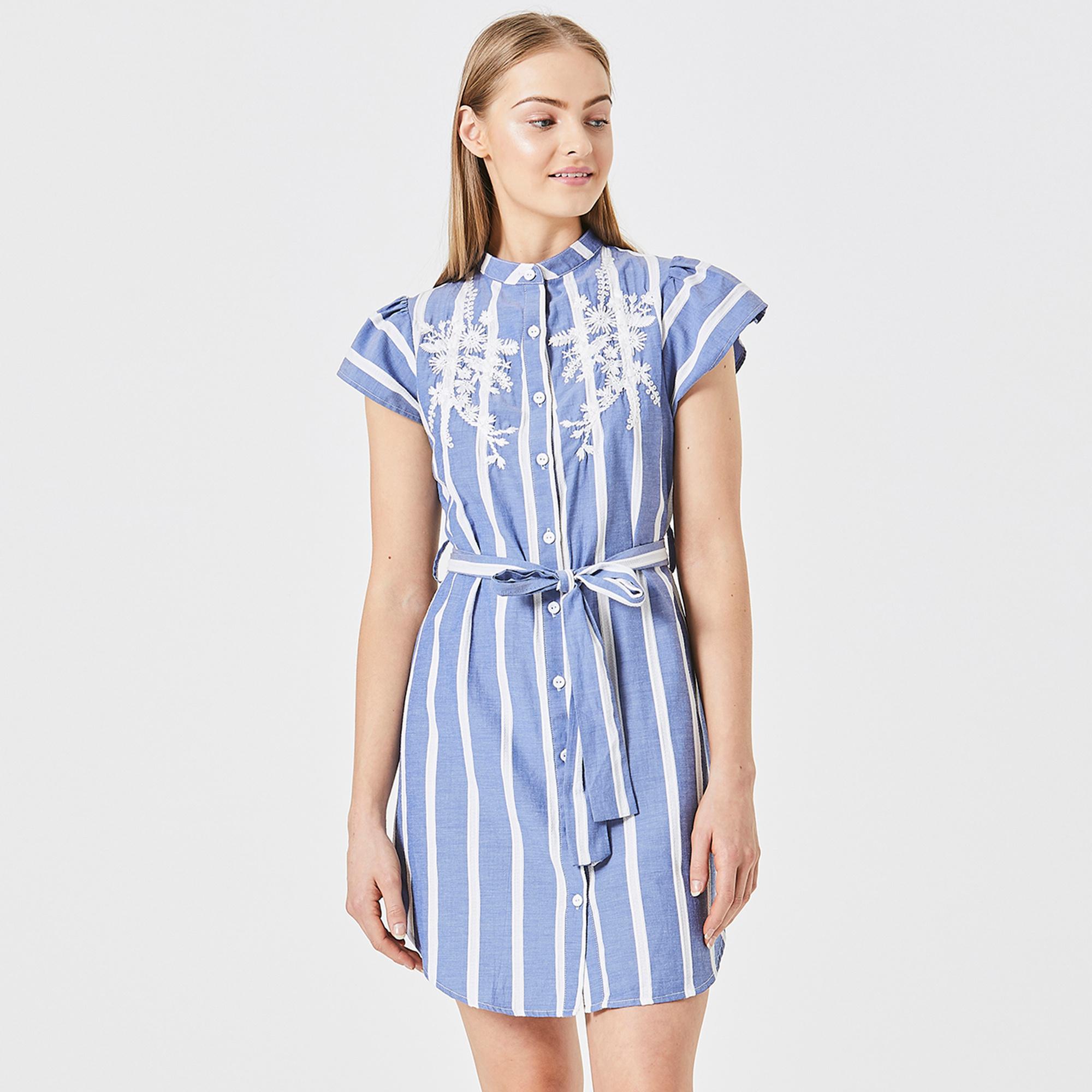 white and light blue striped dress