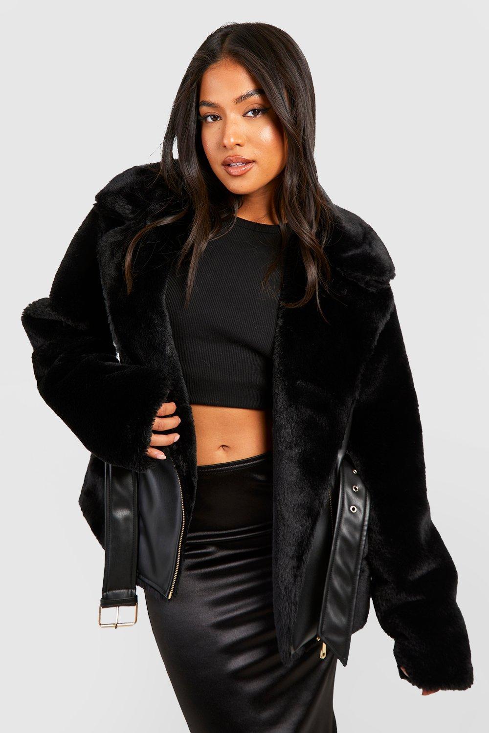 Petite black faux fur aviator jacket top