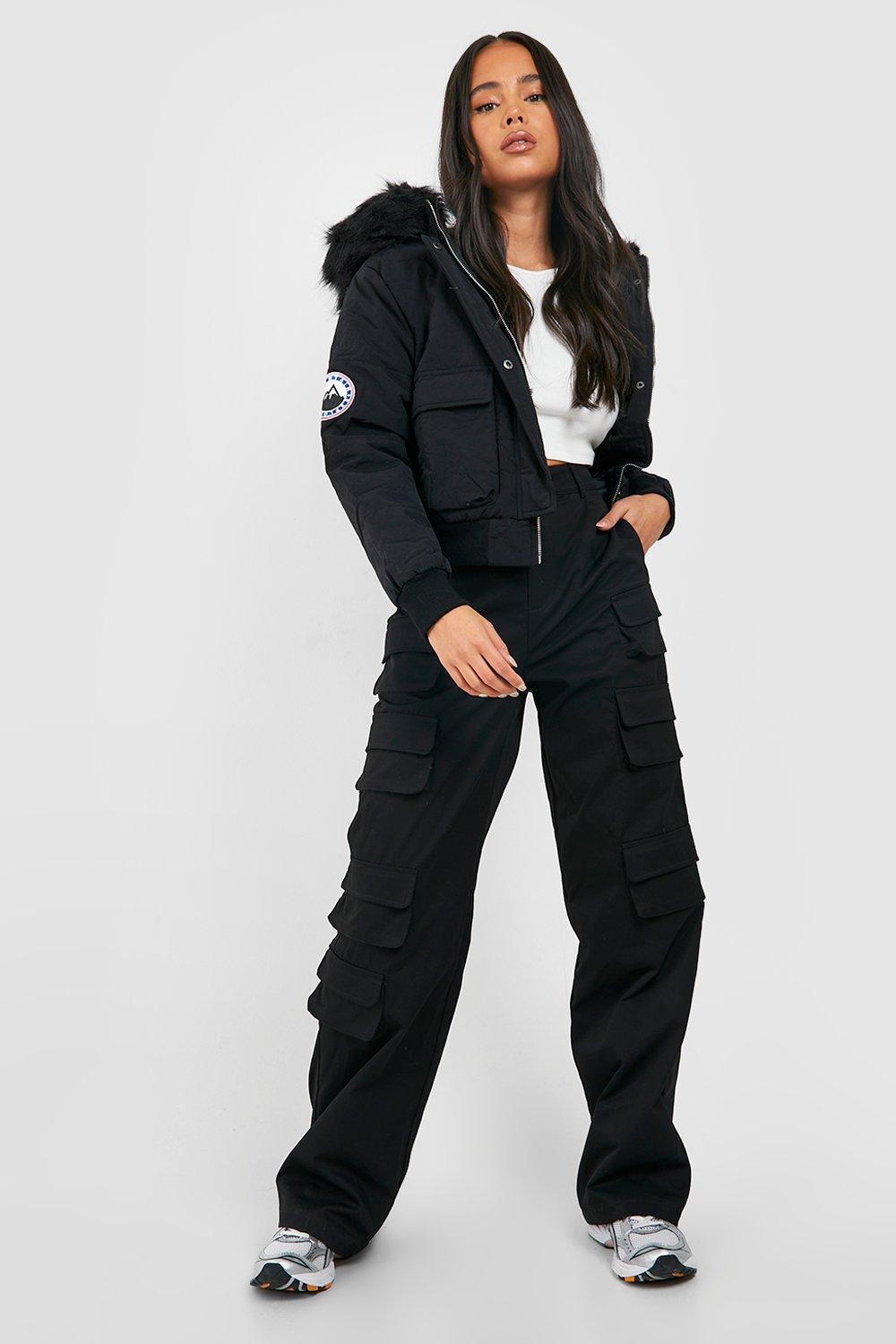 Petite luxe faux fur 2025 hood sporty cropped coat