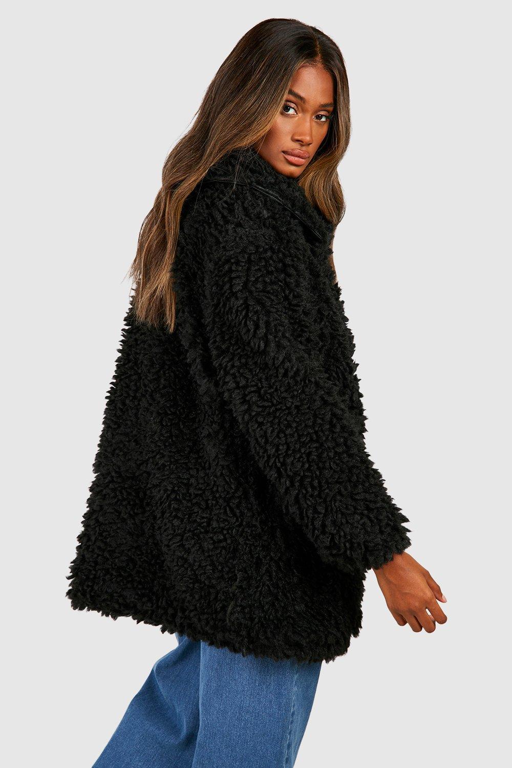 Boohoo Textured Collared Faux Fur Coat in Black Lyst UK
