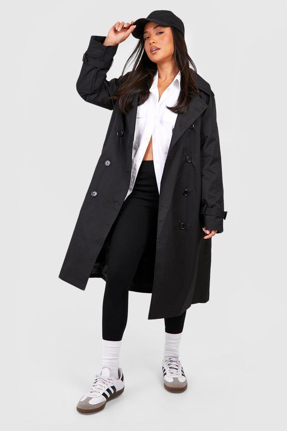 Boohoo Petite Double Breast Belted Trench Coat in Black | Lyst UK