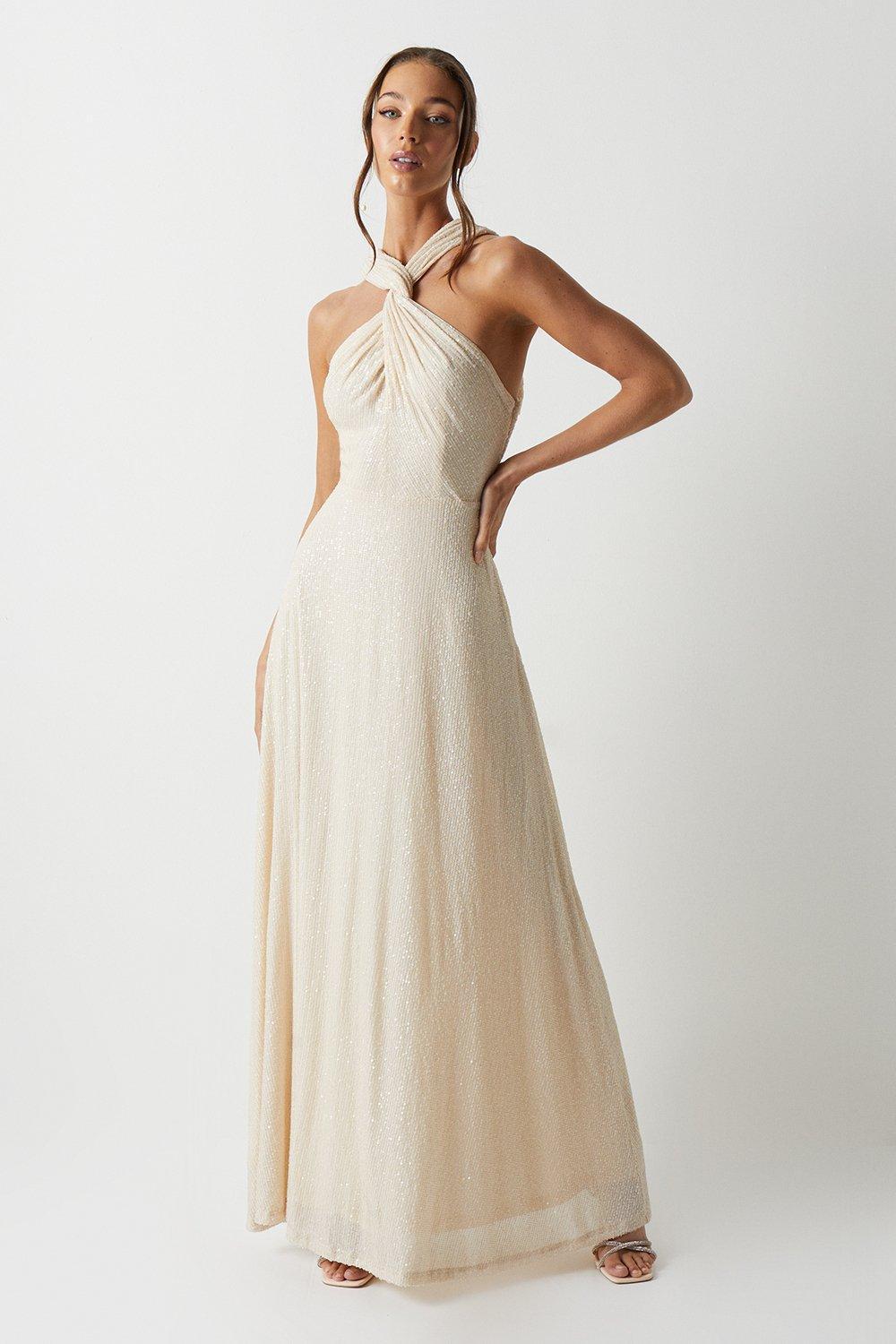 Long sequin clearance blouson bridesmaid dress