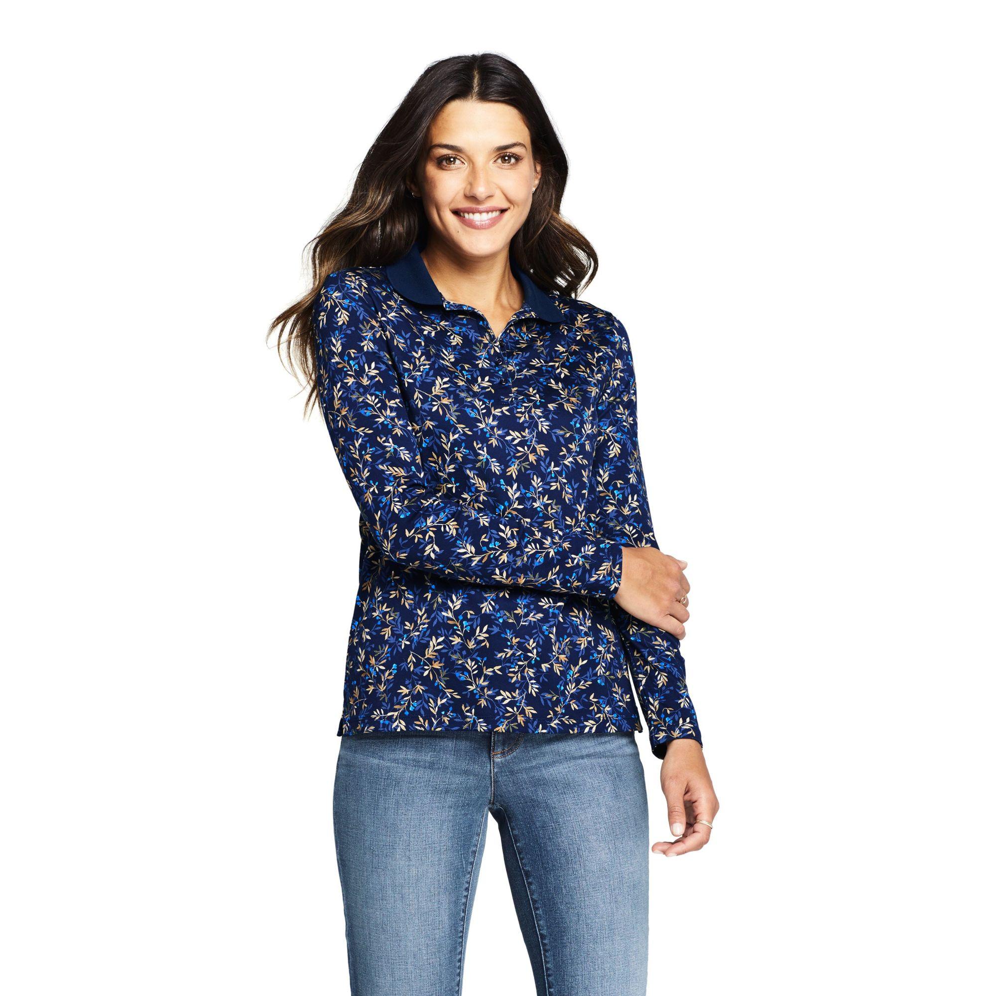 Lands' End Petite Long Sleeves Print Supima Cotton Polo Shirt in Blue