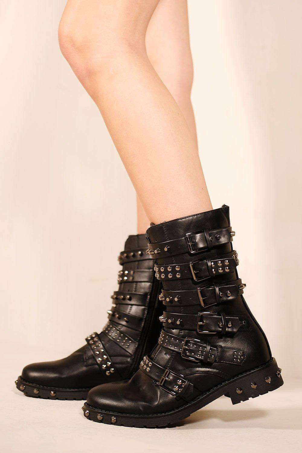lili Studded Ankle Boot With Silver Studded Buckle And Side Zip up