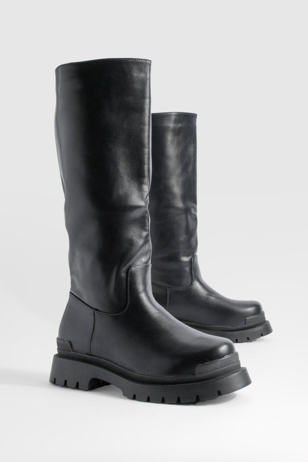 Boohoo Wide Fit Chunky Sole Knee High Pull On Boots in Black Lyst UK