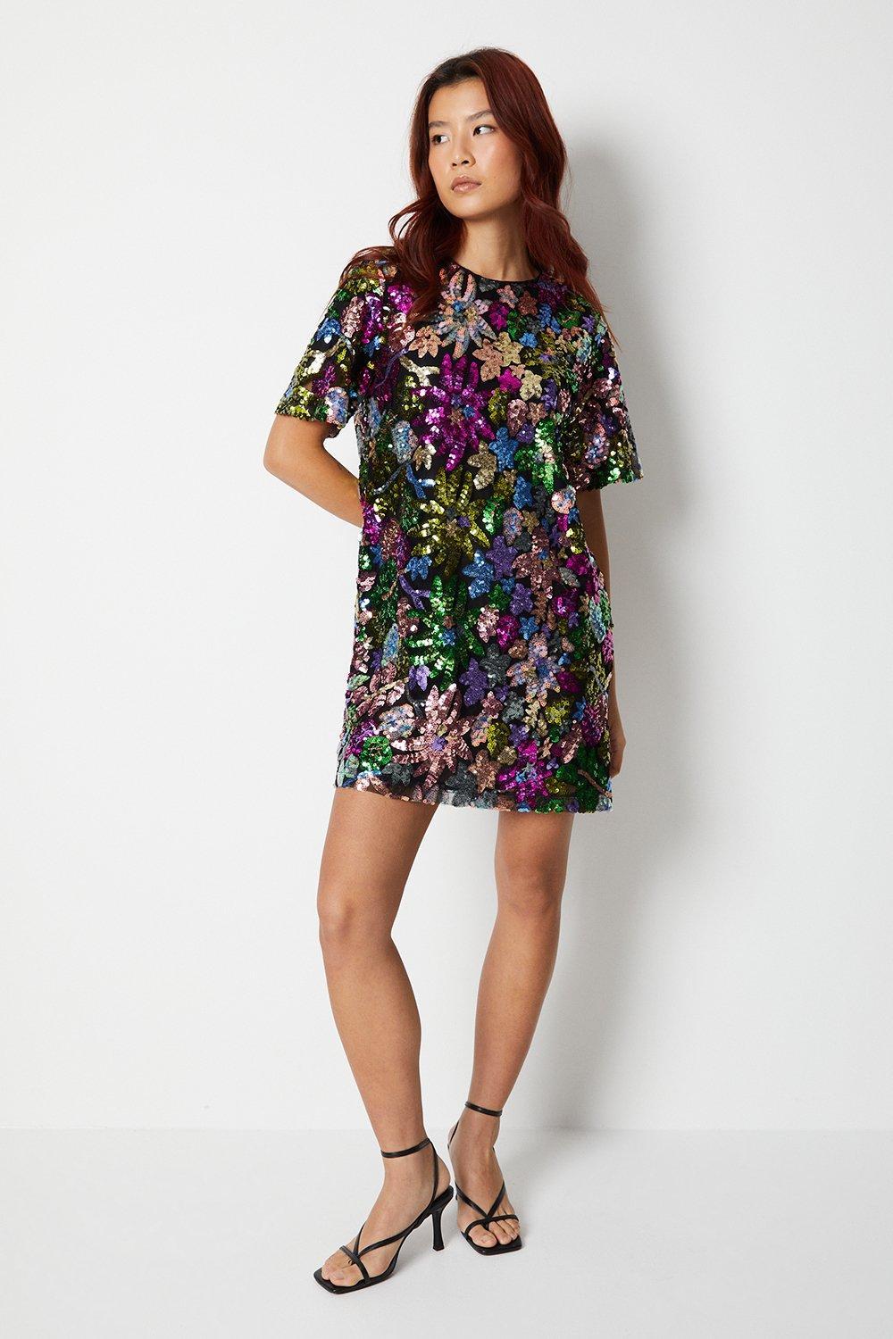 Warehouse Floral Sequin Mini Shift Dress | Lyst UK