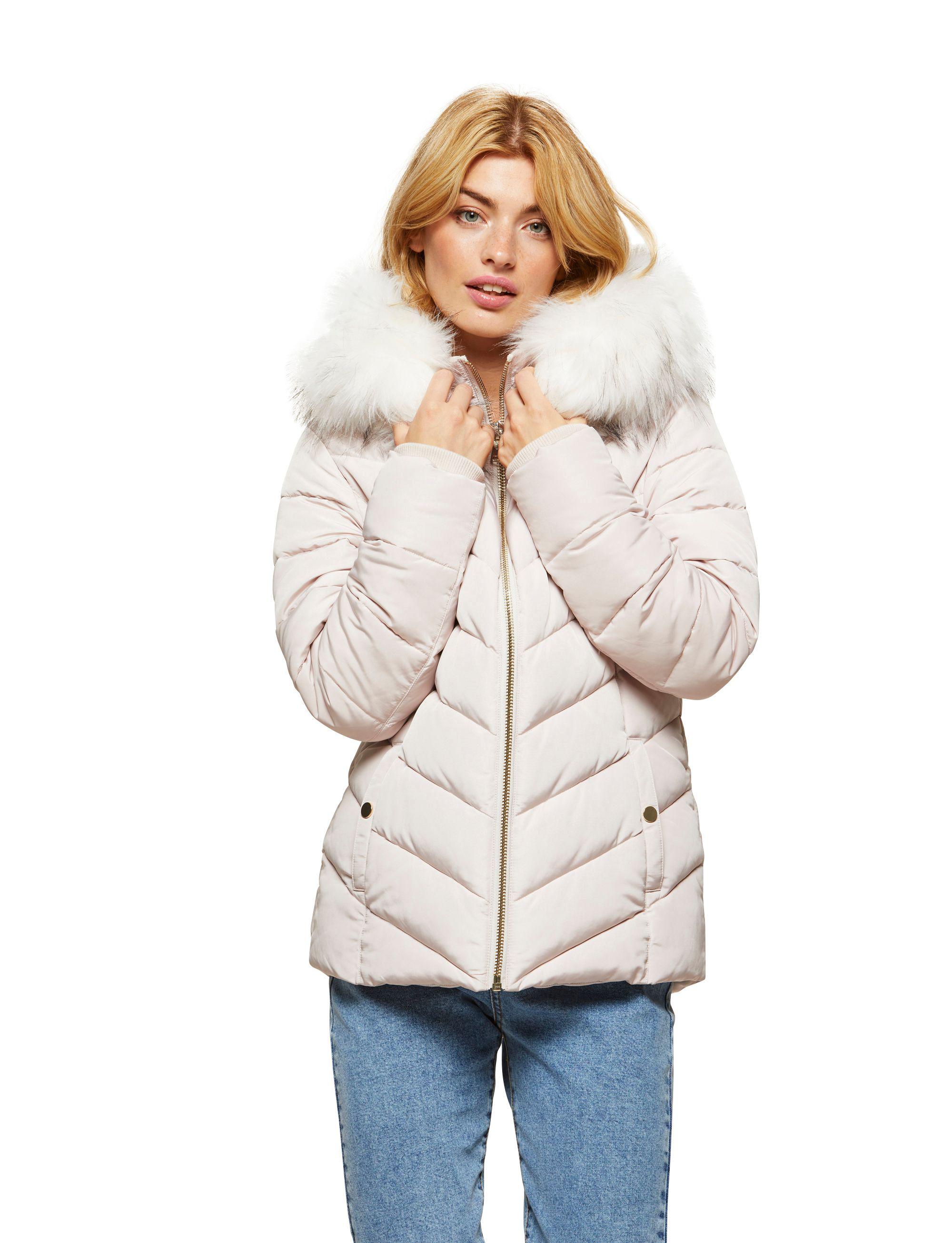 cream puffer coat with fur hood