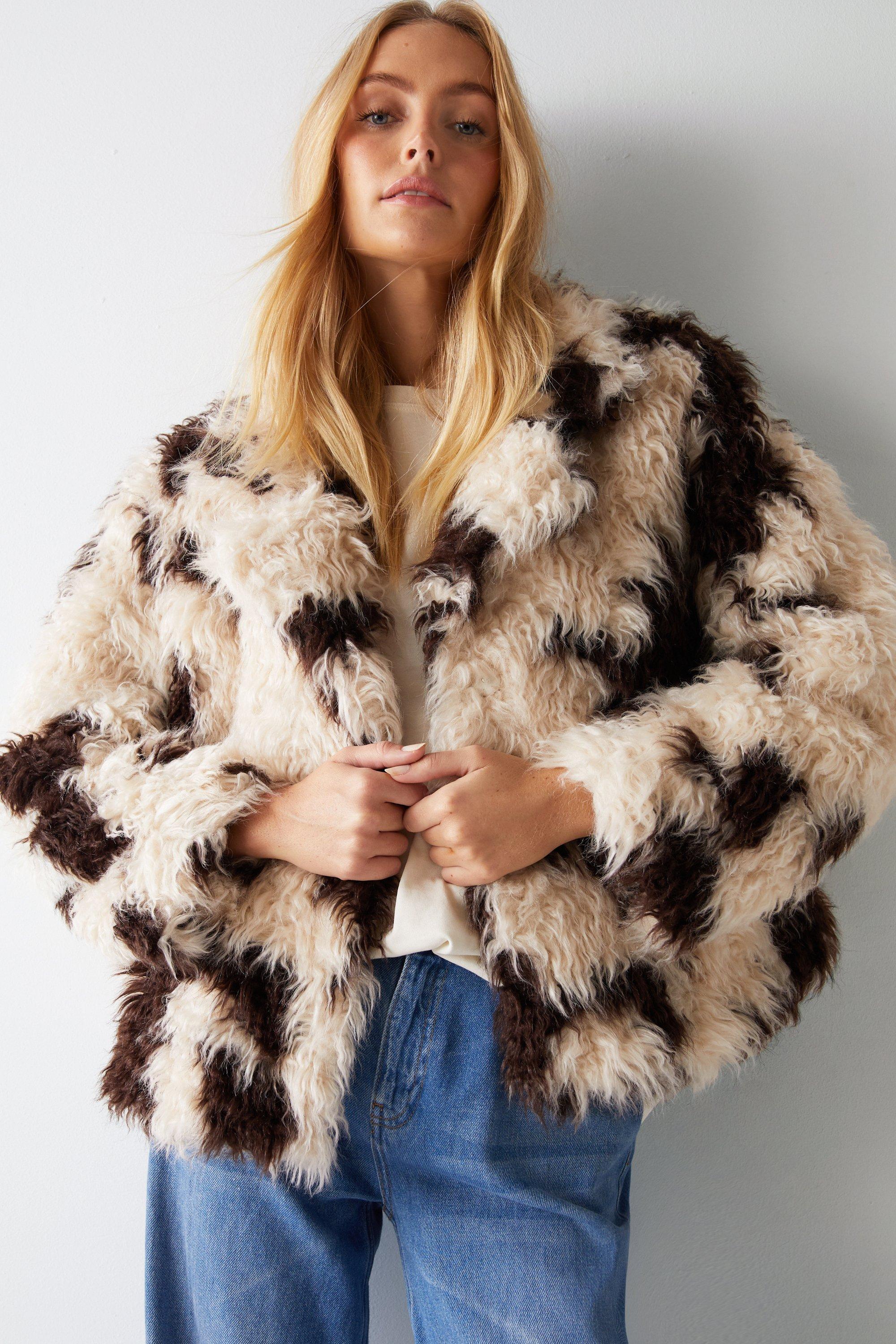 Warehouse Premium Curly Cow Print Short Fur Coat in Natural Lyst UK
