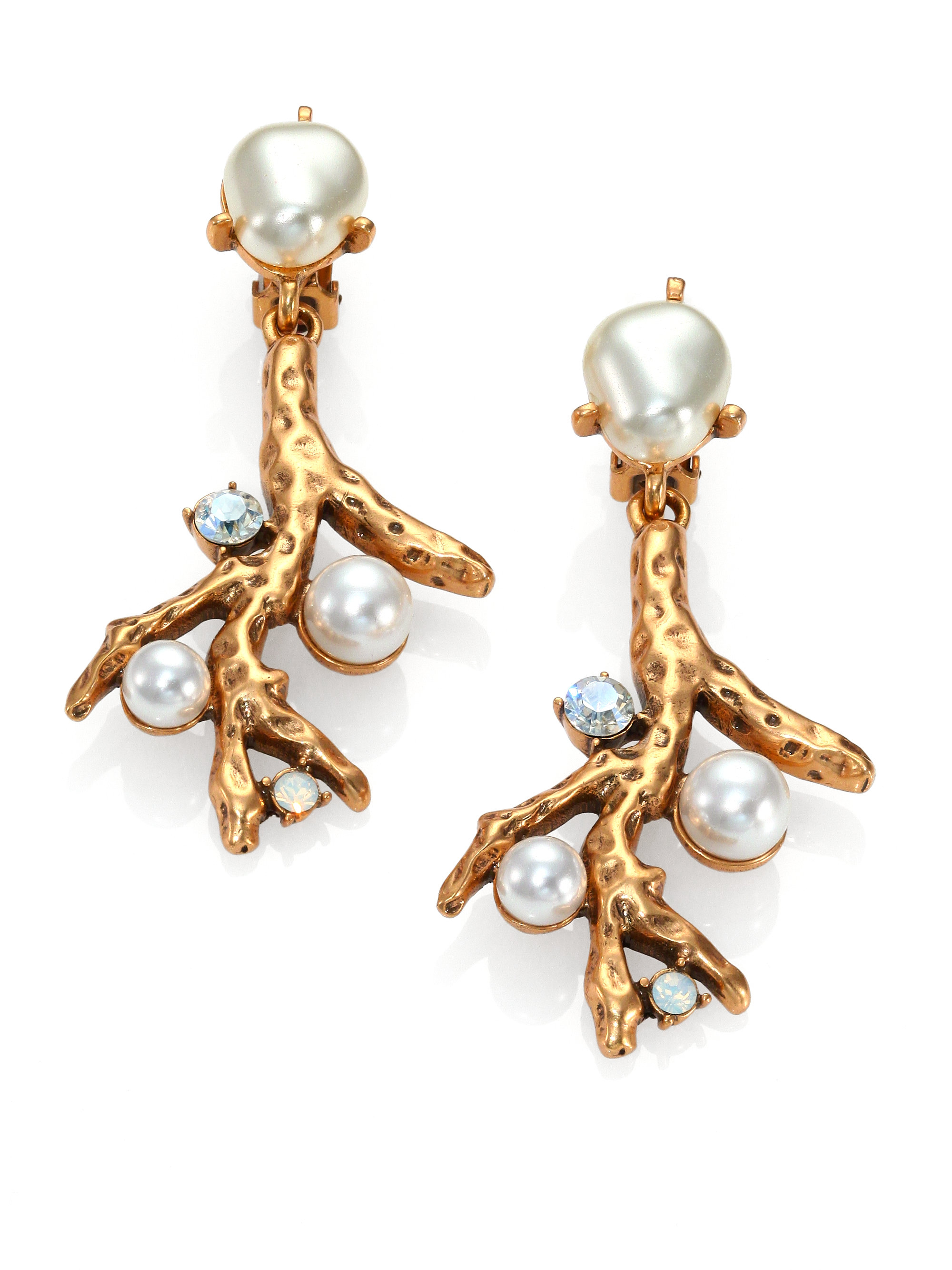 Oscar de la Renta Swarovski Crystal Faux Pearl Coral Branch Clipon Earrings  in Metallic | Lyst