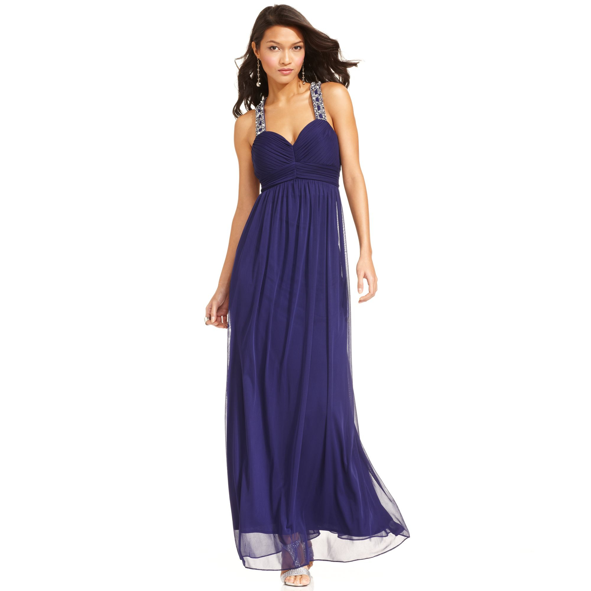 Betsy  Adam Sleeveless Pleated Beaded Gown in Purple