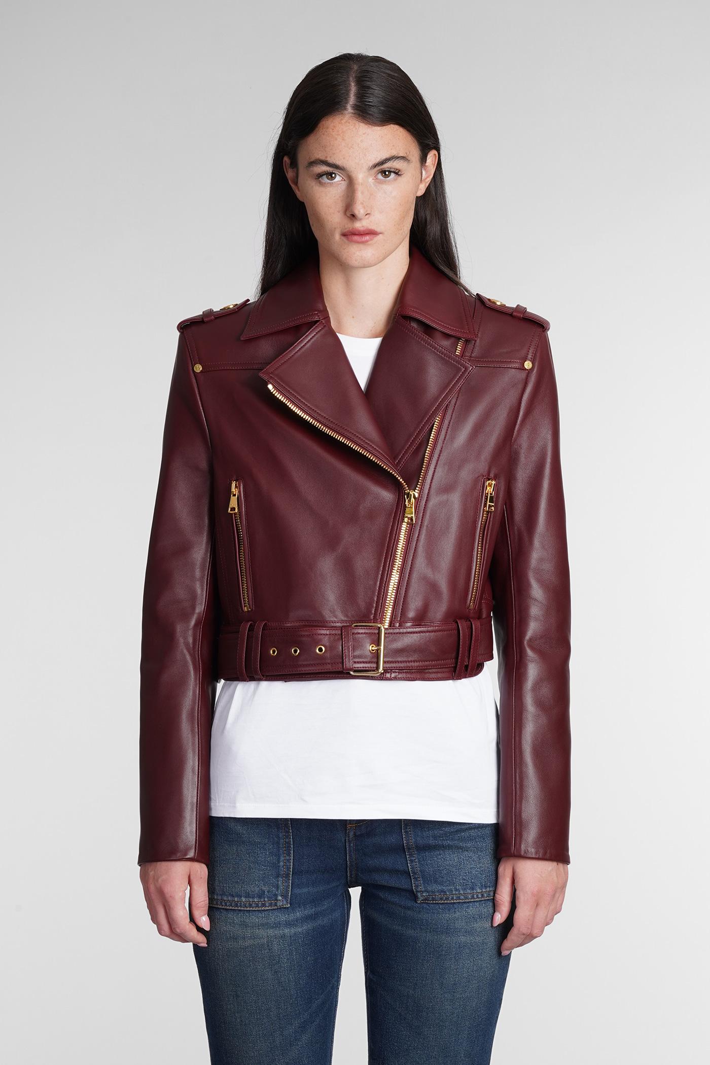 Balmain Leather Jacket In Bordeaux Leather in Red | Lyst