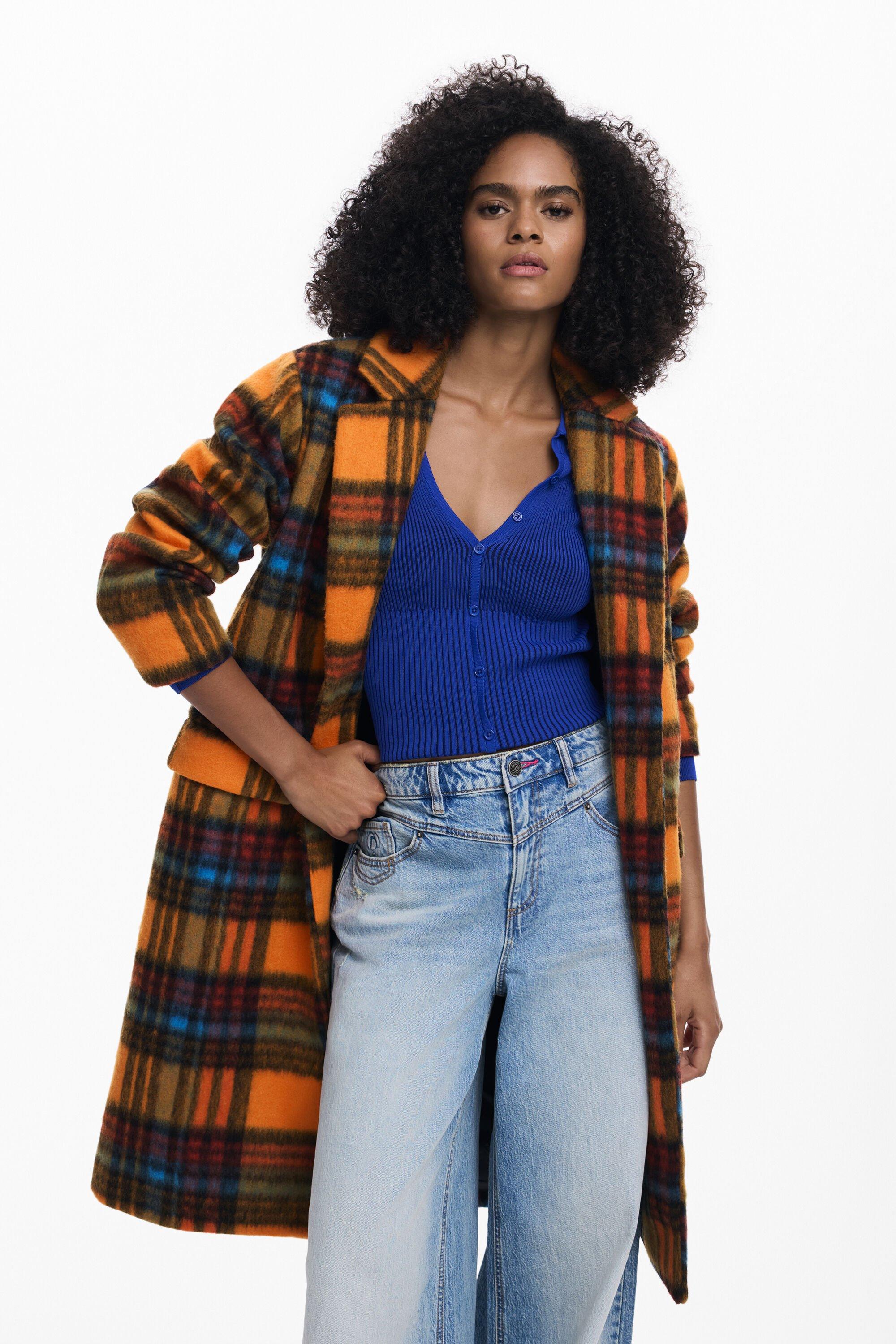 Desigual Oversize Check Coat in Blue | Lyst