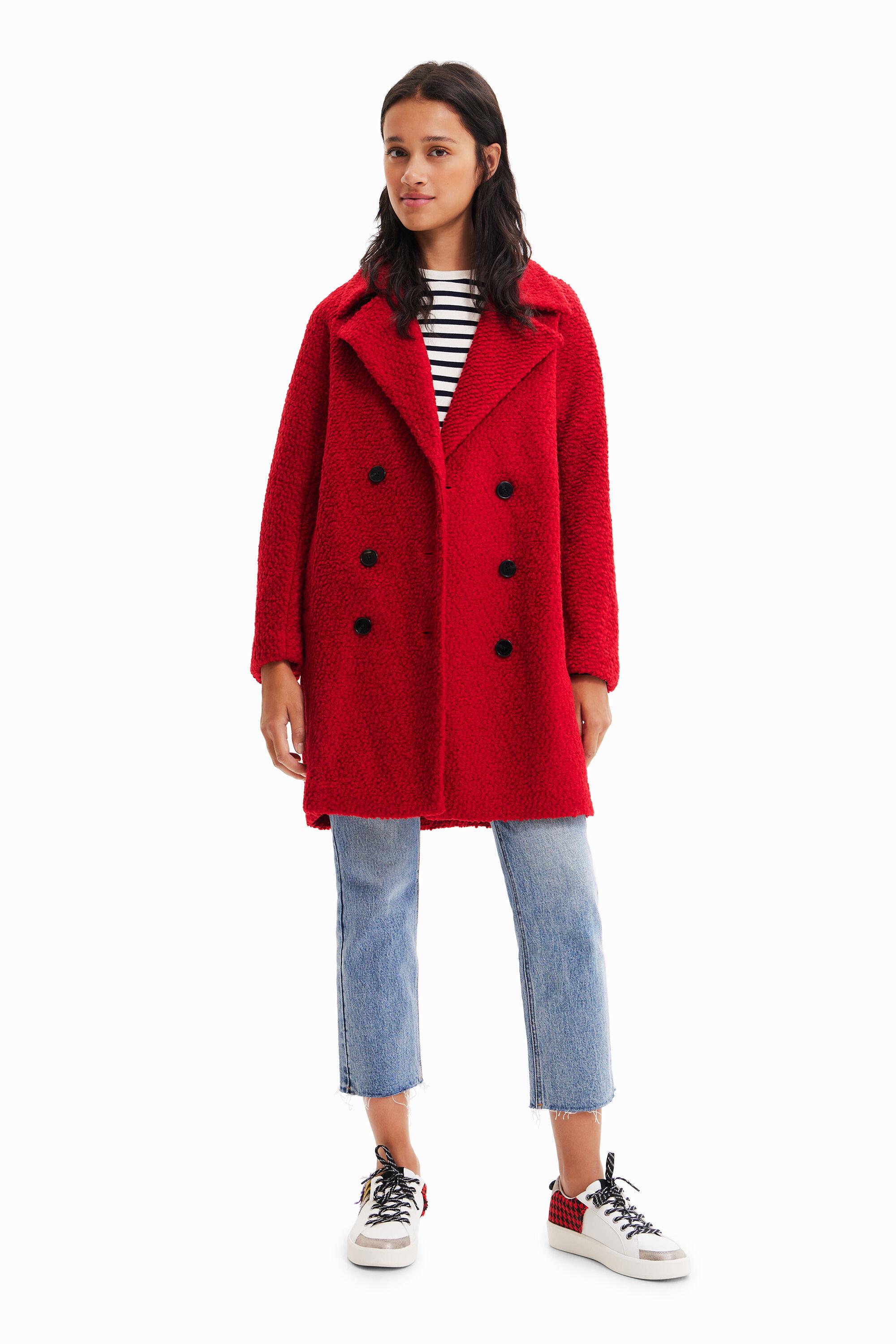 Desigual Straight Wool Coat in Red | Lyst