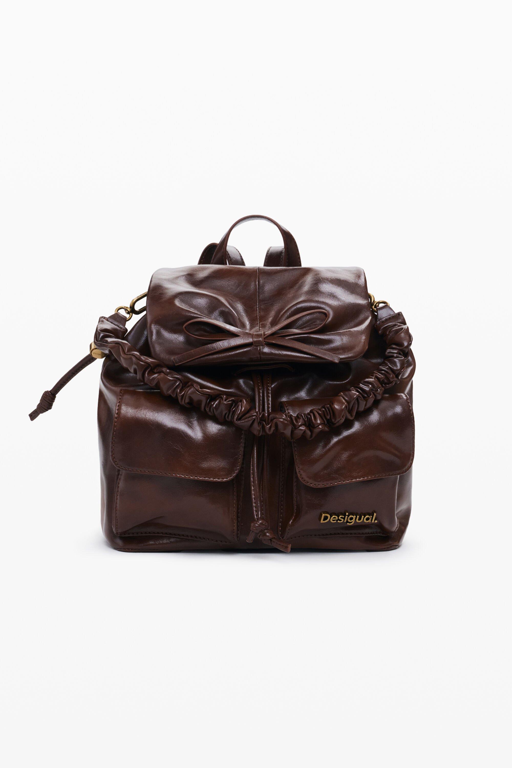 Desigual Brown Backpack with Brown Floral Appliqué desigual-BROWN-Shiny-Mini-  main image 3