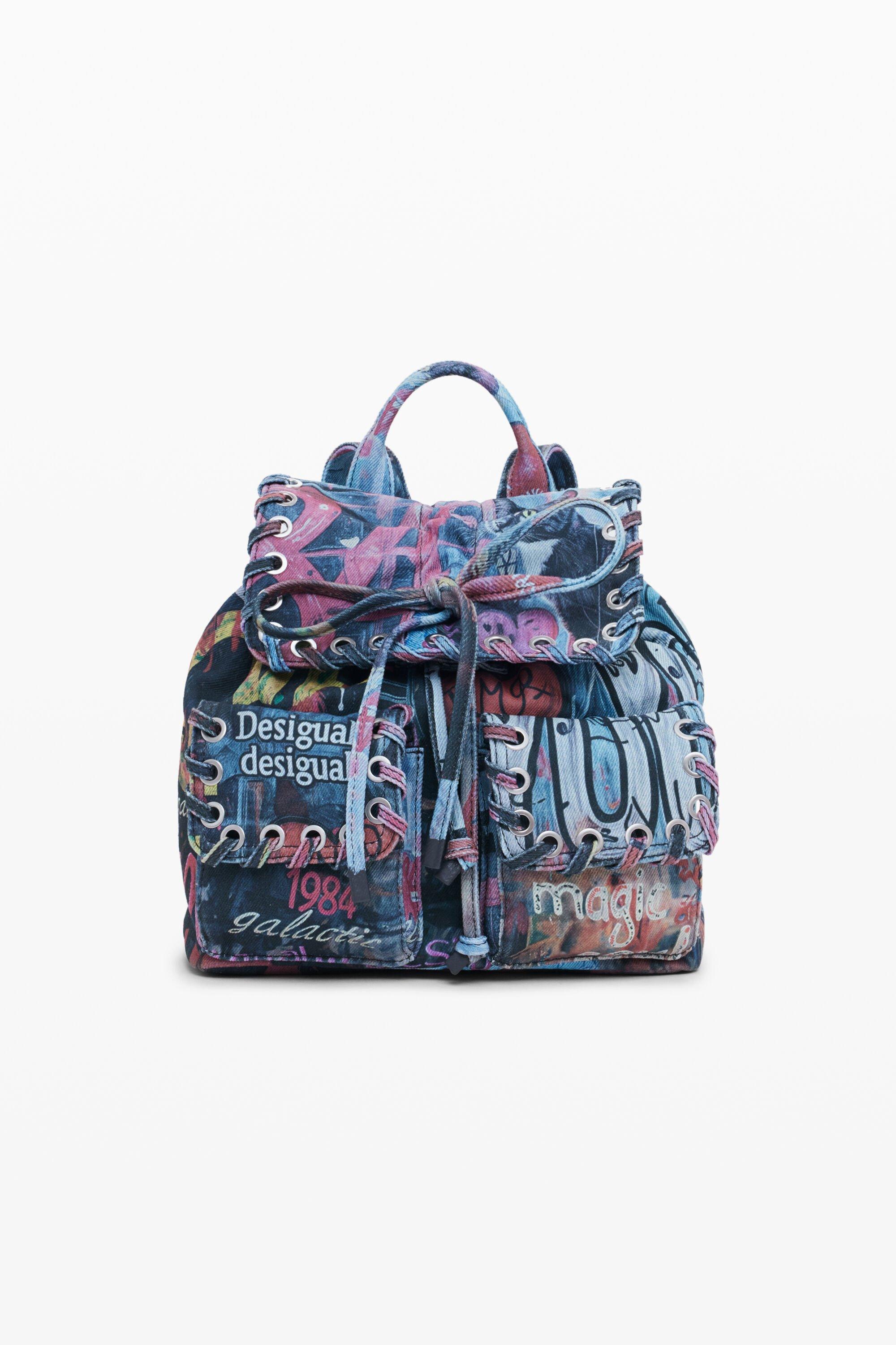 Desigual Small Graffiti Cat Backpack Denim Y2K Grunge Boho Lace-Up Drawstring desigual-Blue-Multis-Mini-  main image 4