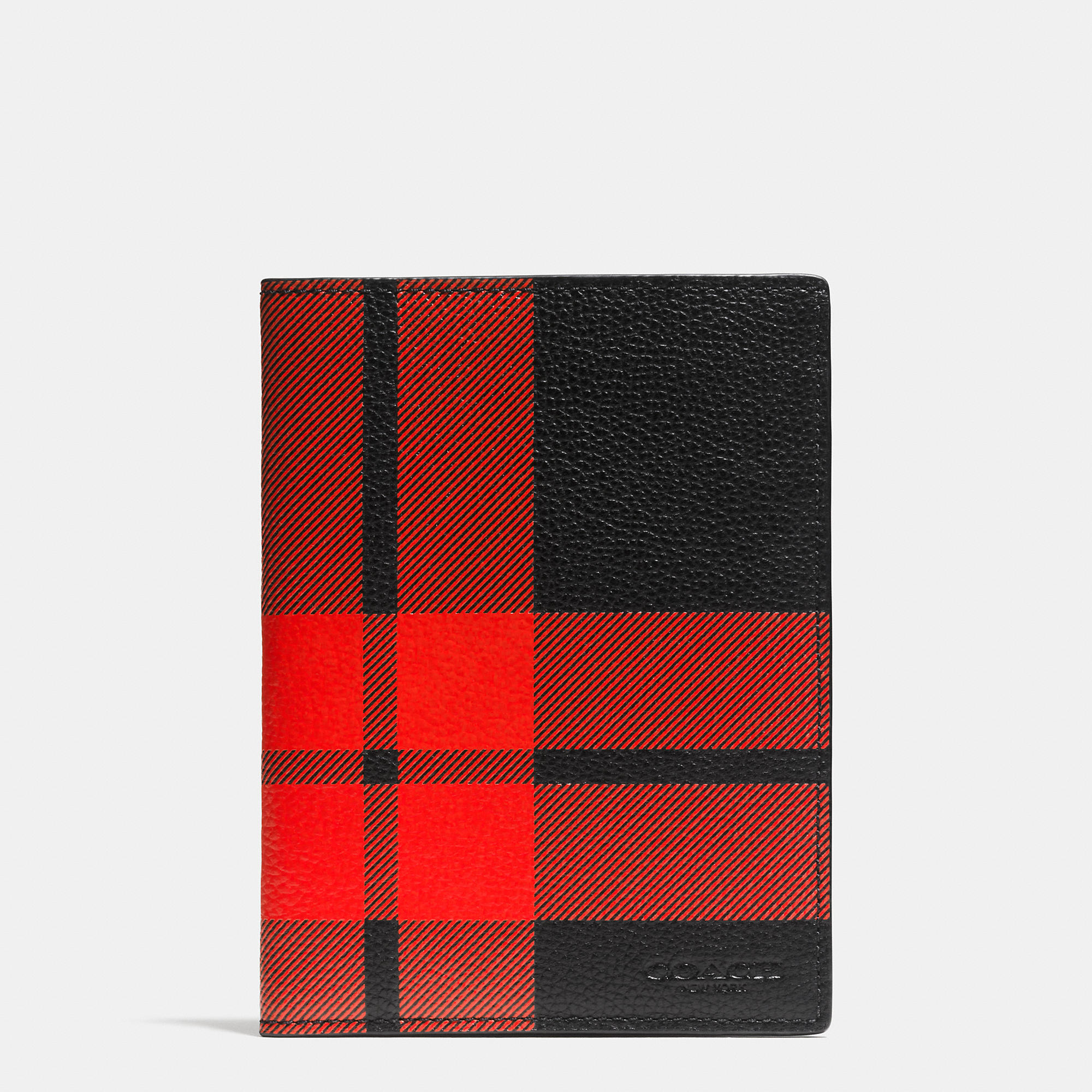 COACH Mount Plaid Passport Case In Pebble Leather in Red/Black (Red
