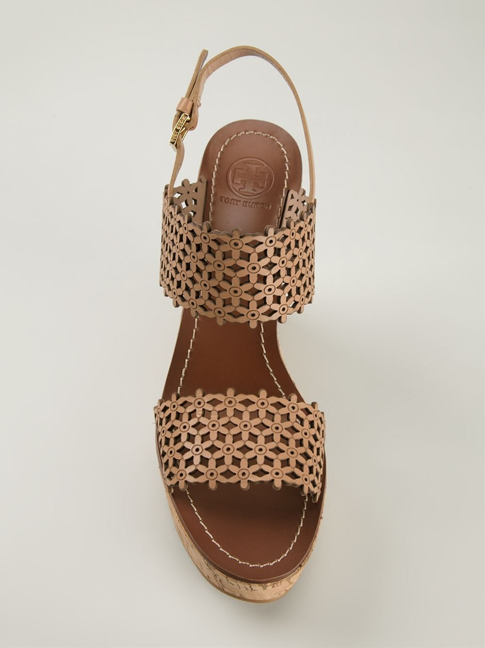 Tory burch Floral Perforated Wedge Sandals in Brown Lyst