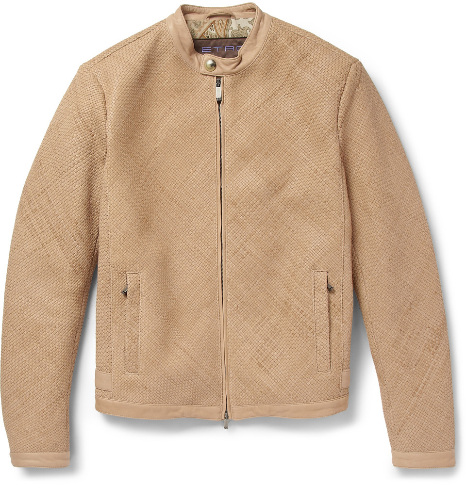 Etro WovenLeather SilkLined Bomber Jacket in Natural for Men Lyst