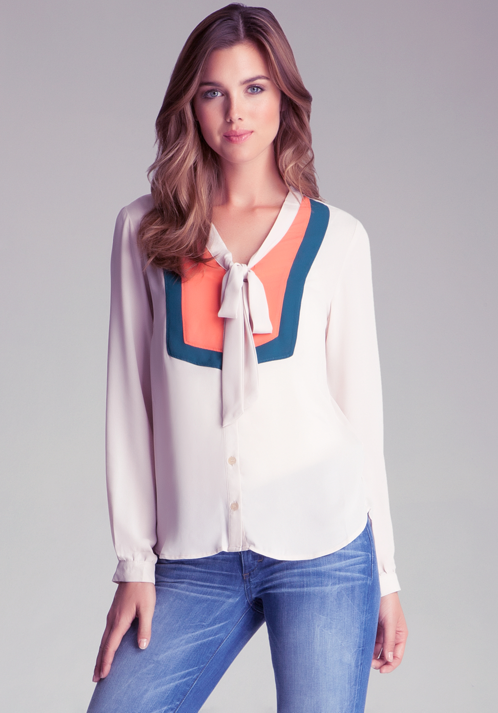 Bebe Color Block Tie Neck Blouse In Nude Natural Lyst