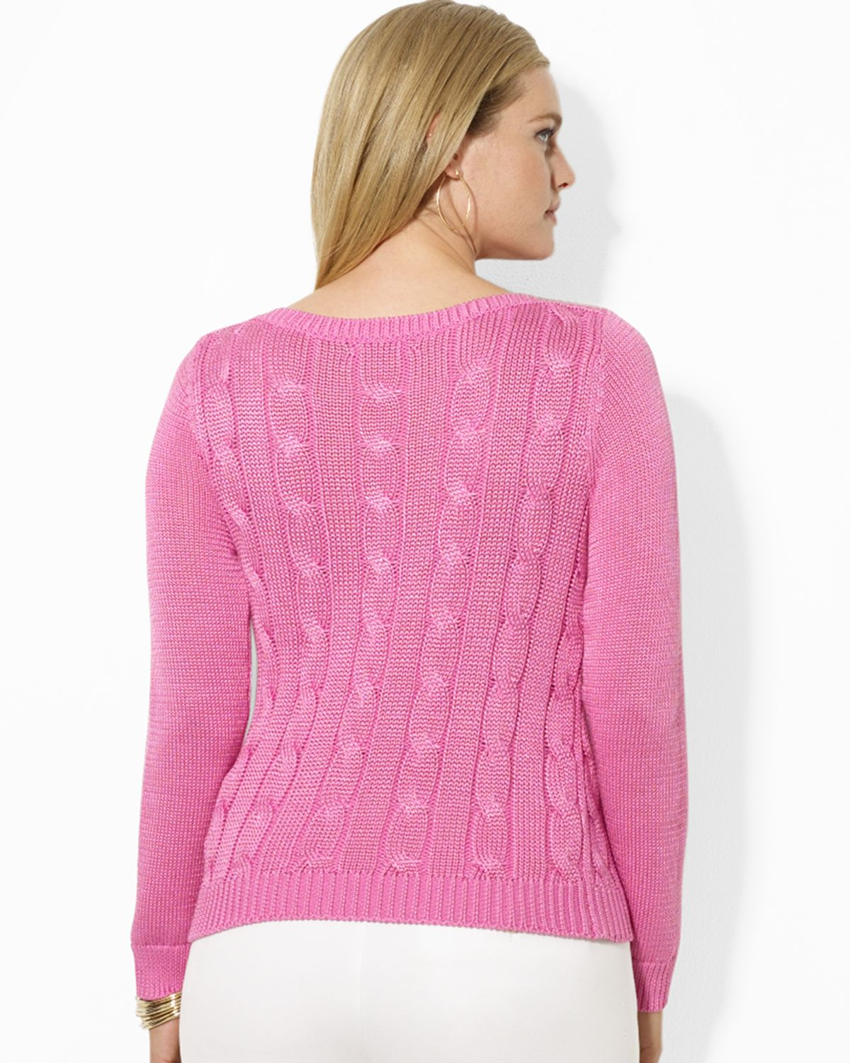 Lyst Ralph Lauren Lauren Plus Boat Neck Cable Knit Sweater in Pink