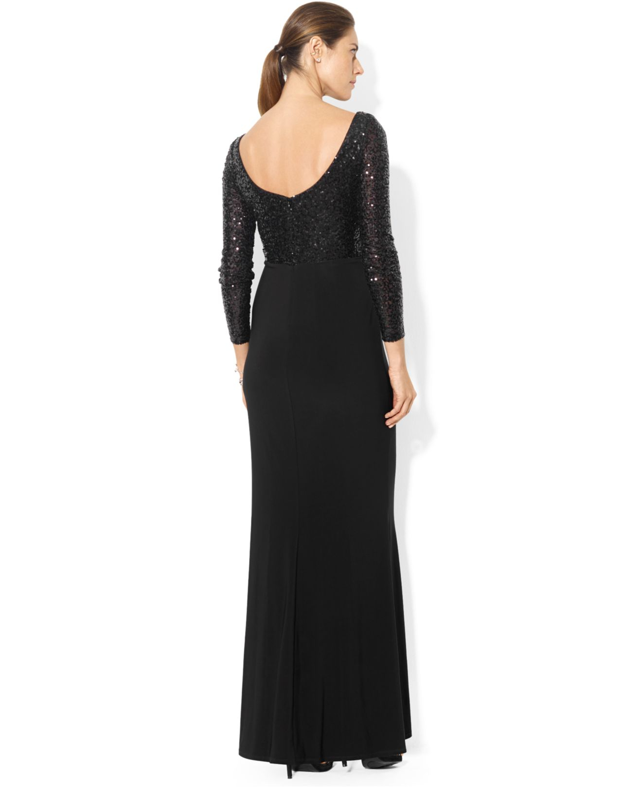 Lauren by Ralph Lauren Long-Sleeve Sequin Gown in Black | Lyst