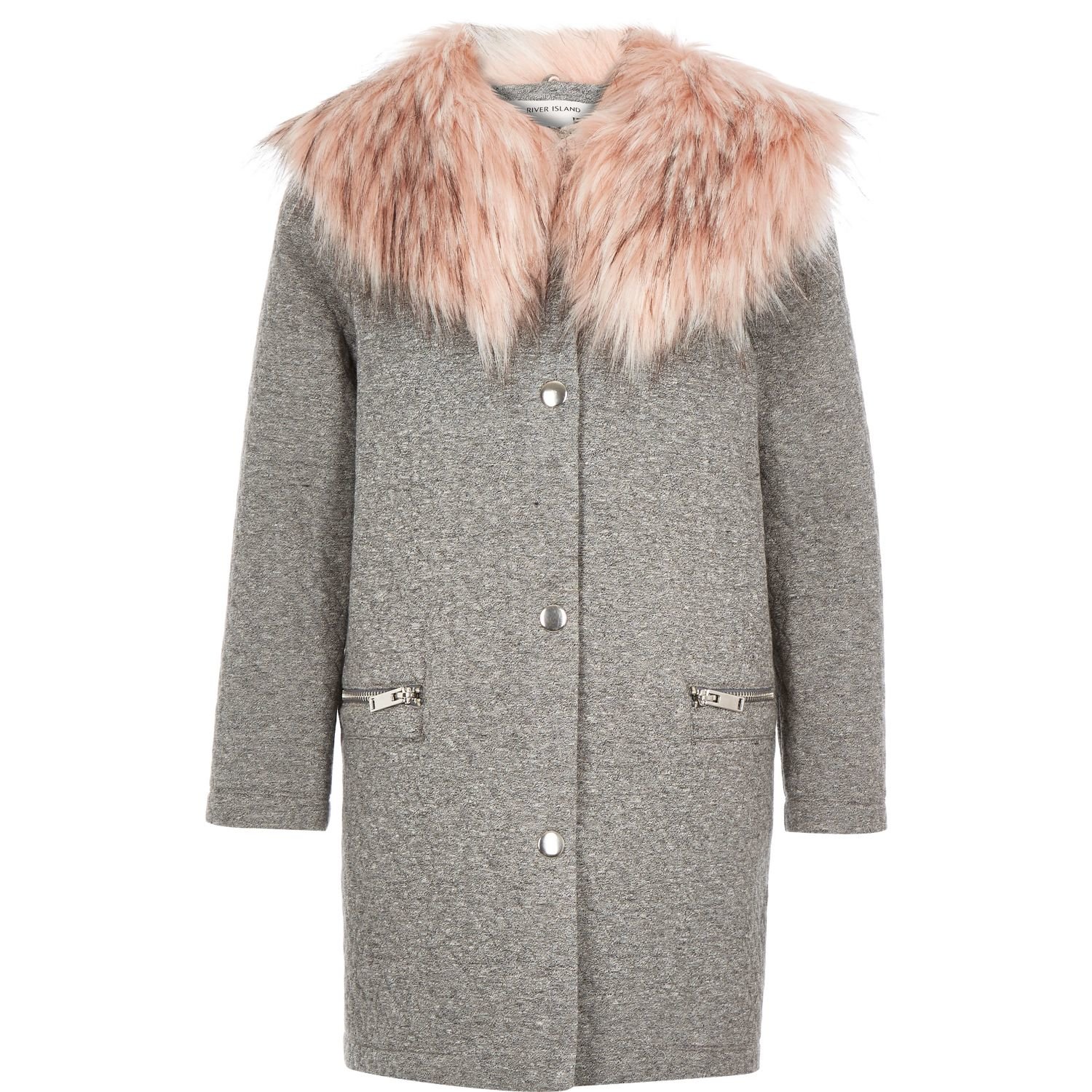 River Island Girls Grey Fun Faux Fur Collar Coat In Gray Grey Lyst