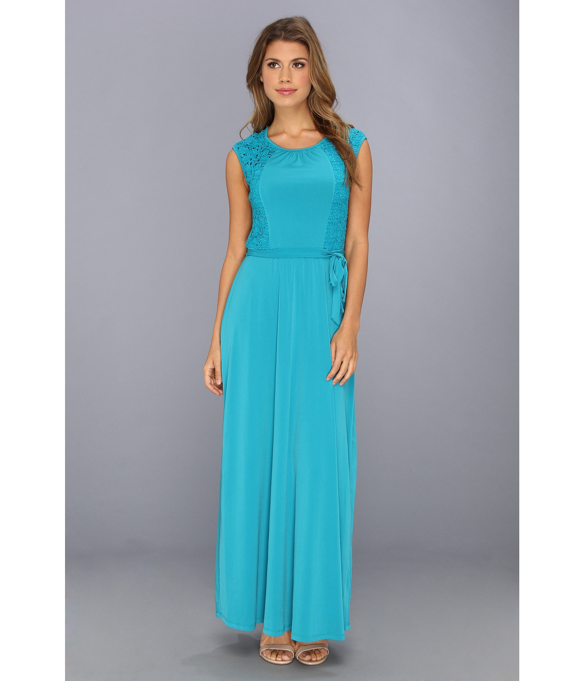 Calvin klein Cap Sleeve Maxi Dress W Lace in Blue | Lyst