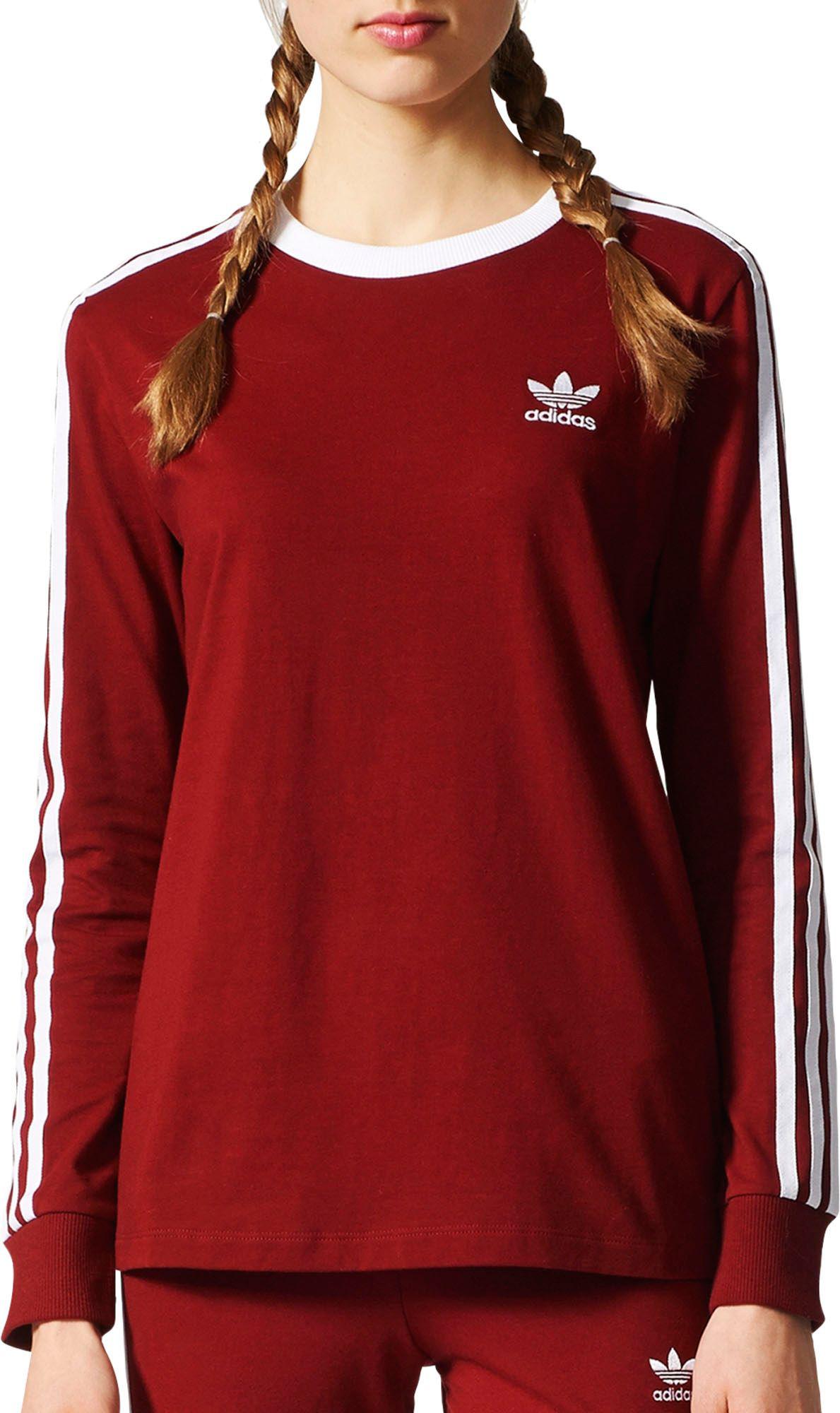 adidas originals three stripe long sleeve top in burgundy