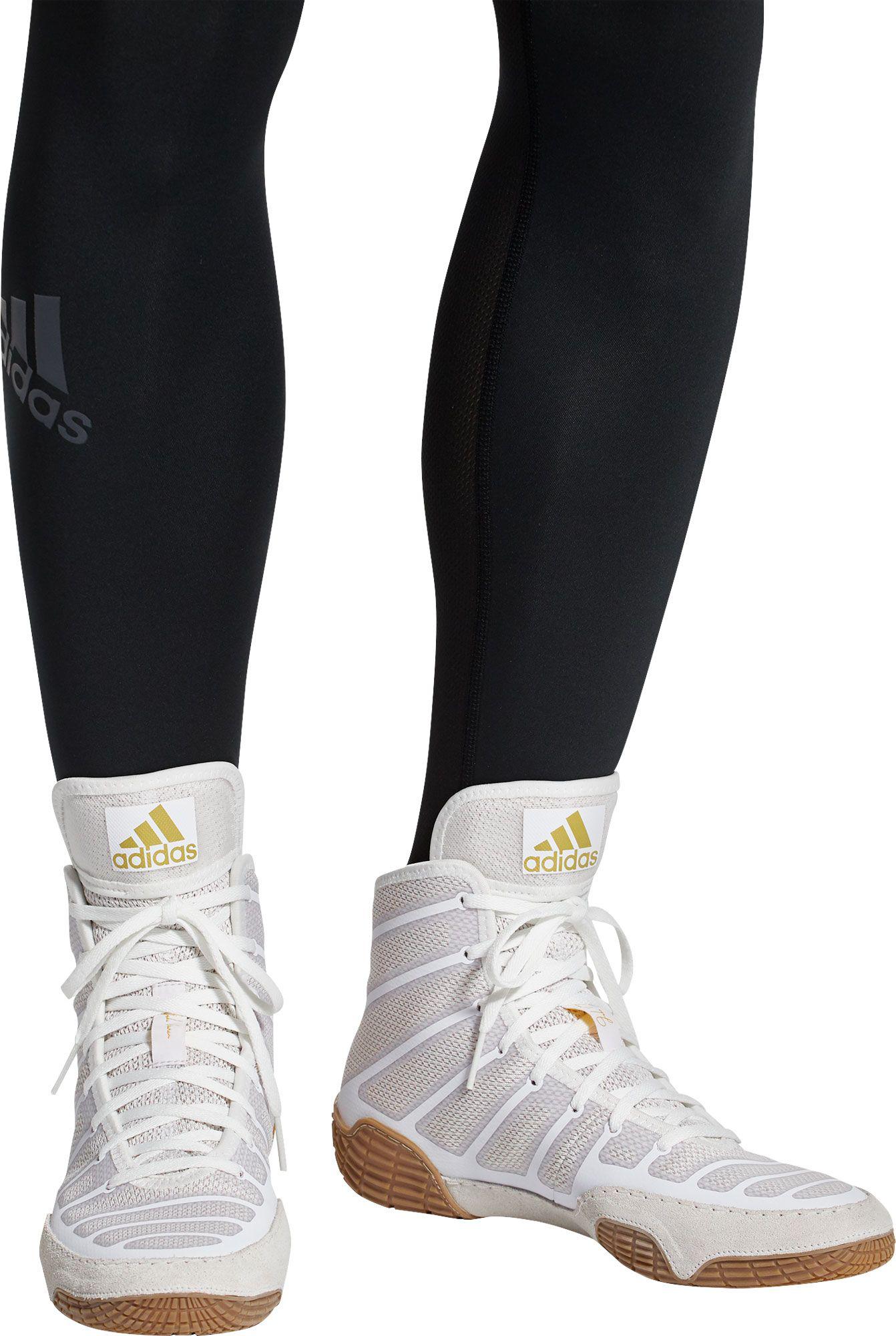 white and gold adidas wrestling shoes