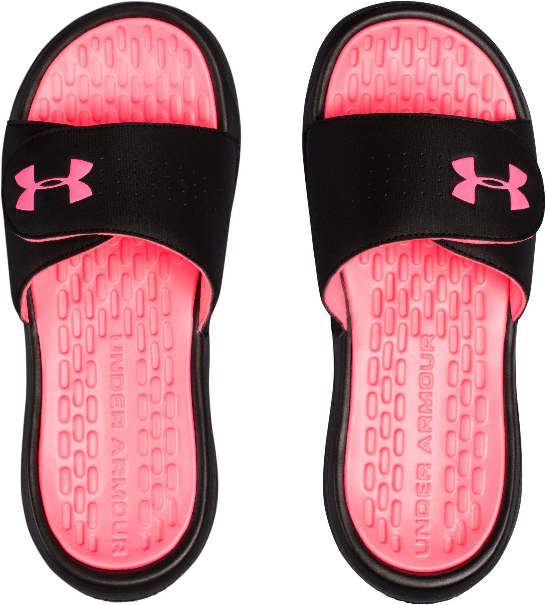pink and black under armour slides