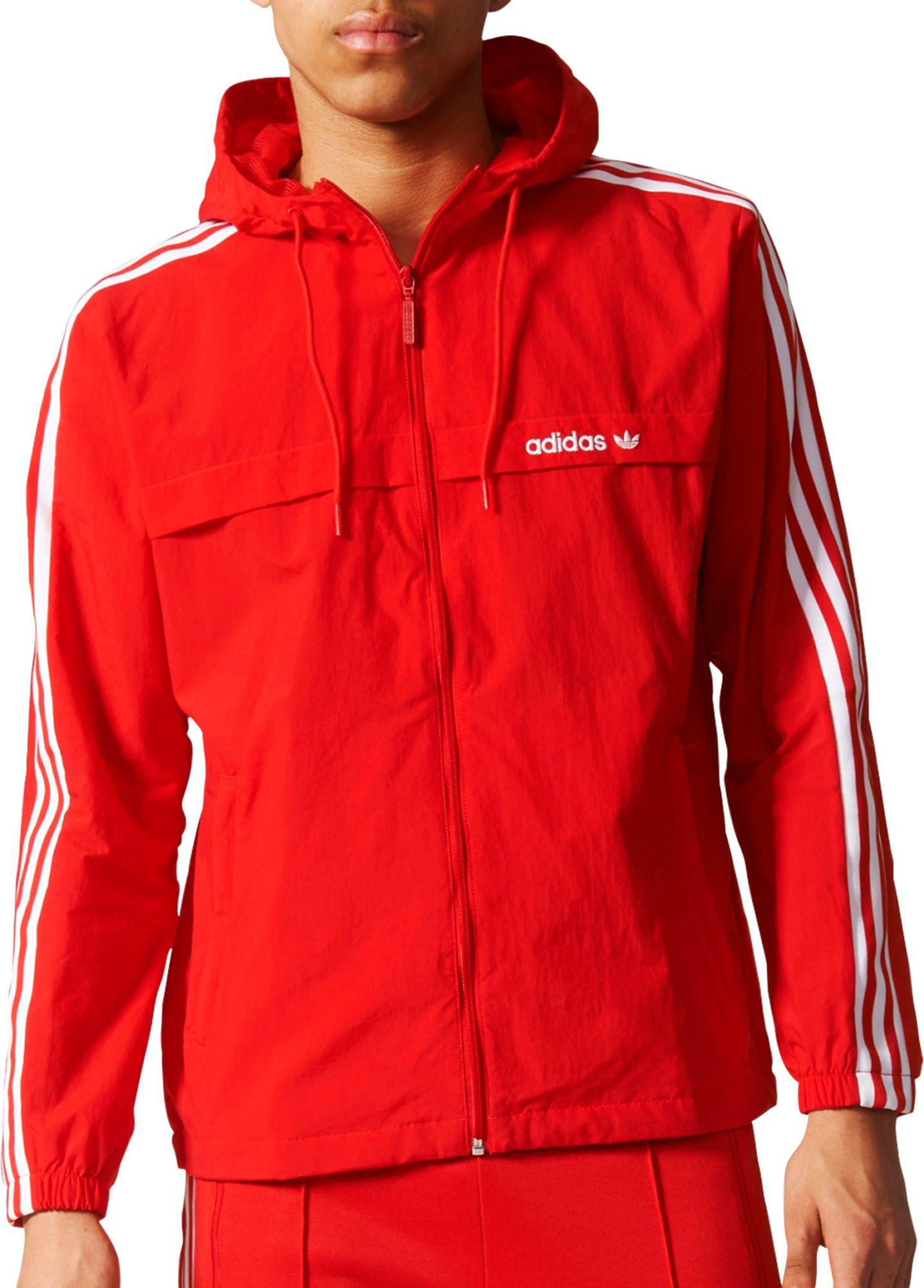 Originals 3 stripes Windbreaker Jacket Details about Adidas Originals 3 Stripes Hooded Jacket Red