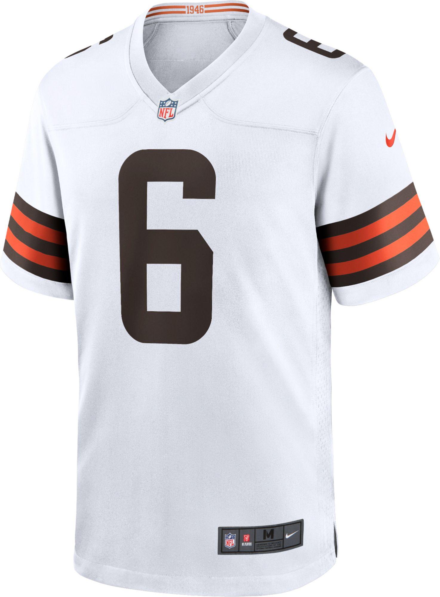 Nike Satin Cleveland Browns Baker Mayfield #6 Away White Game Jersey ...