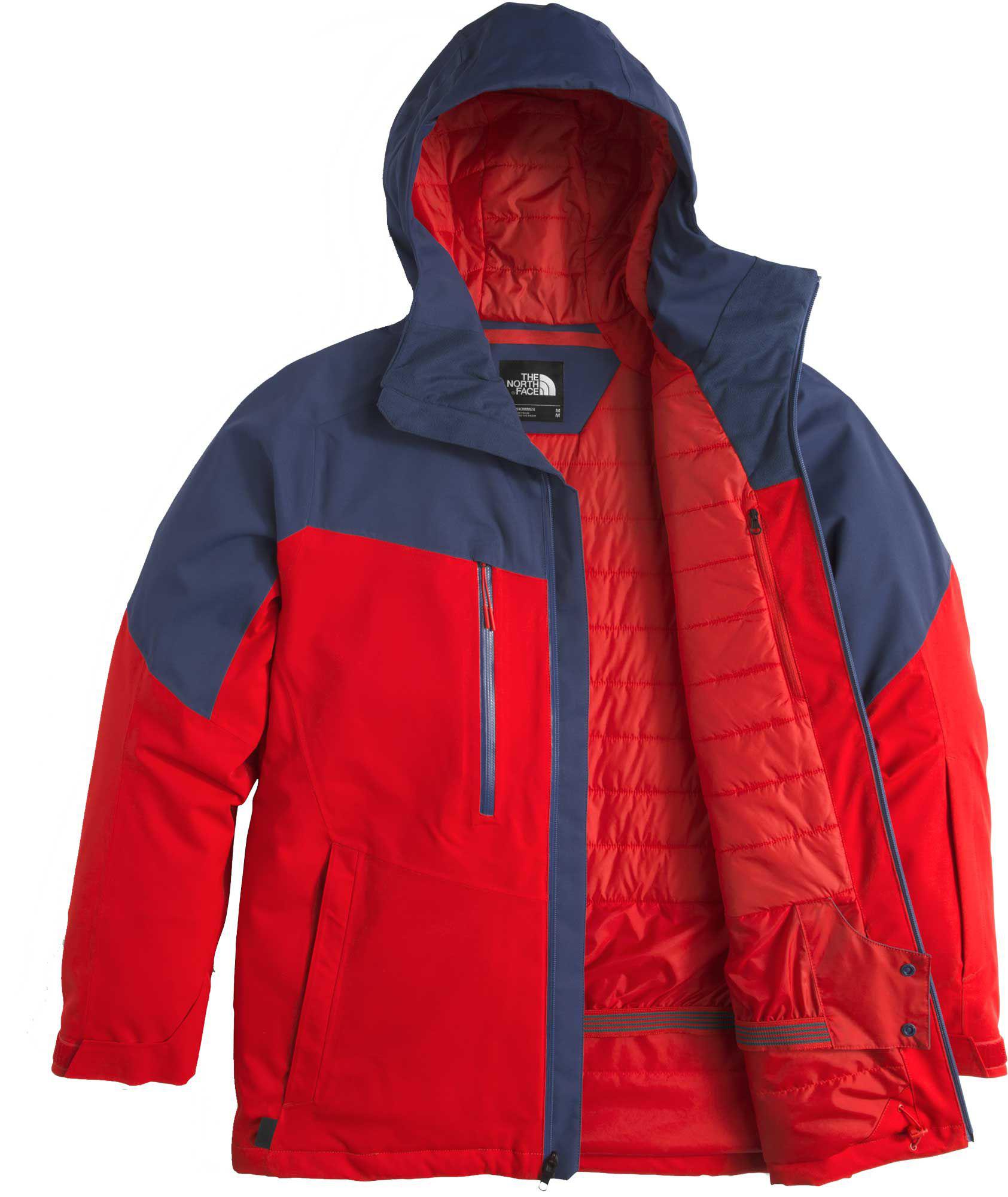 red and blue north face jacket