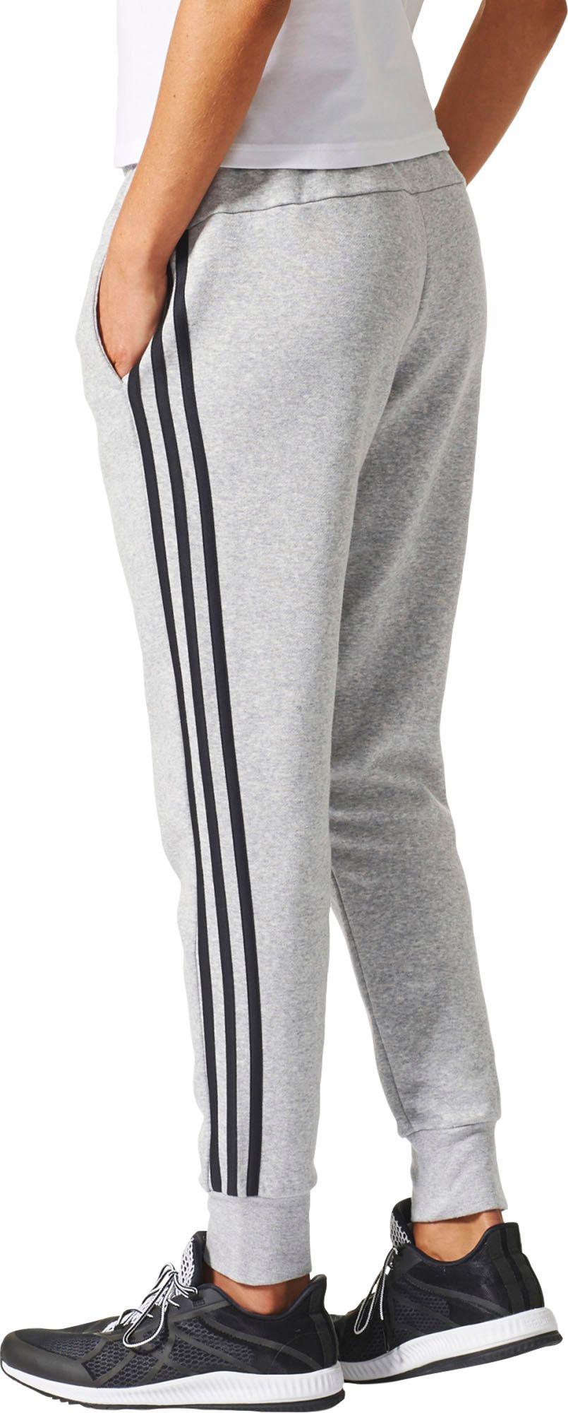 grey adidas joggers with black stripes