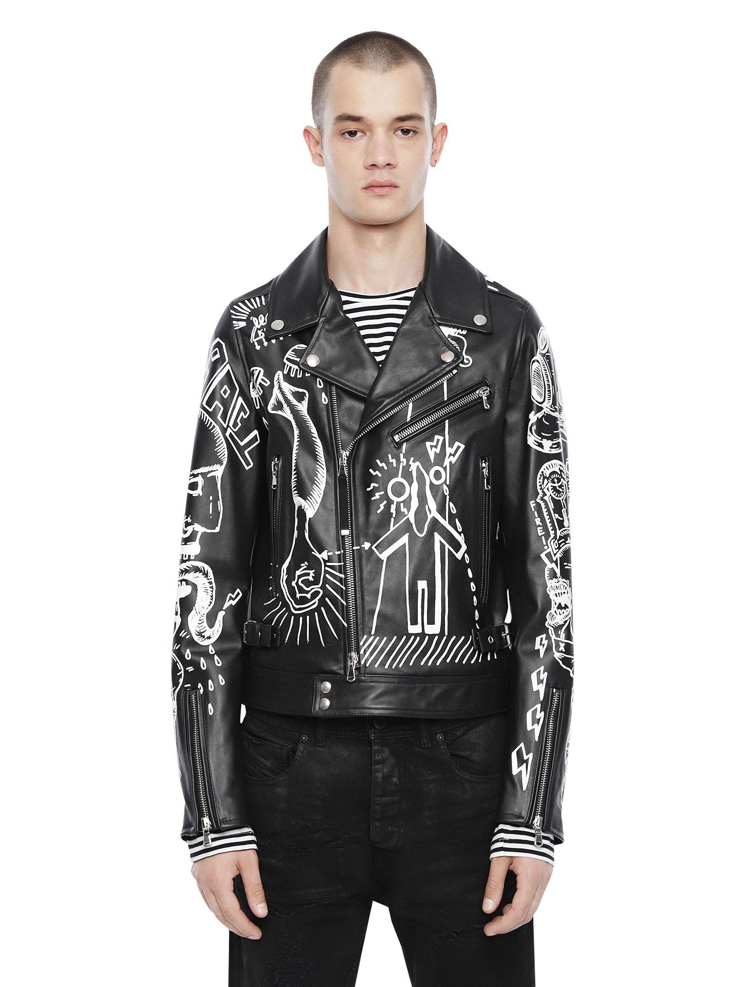 DIESEL Leather Jacket With Graffiti Print in Black for Men Lyst