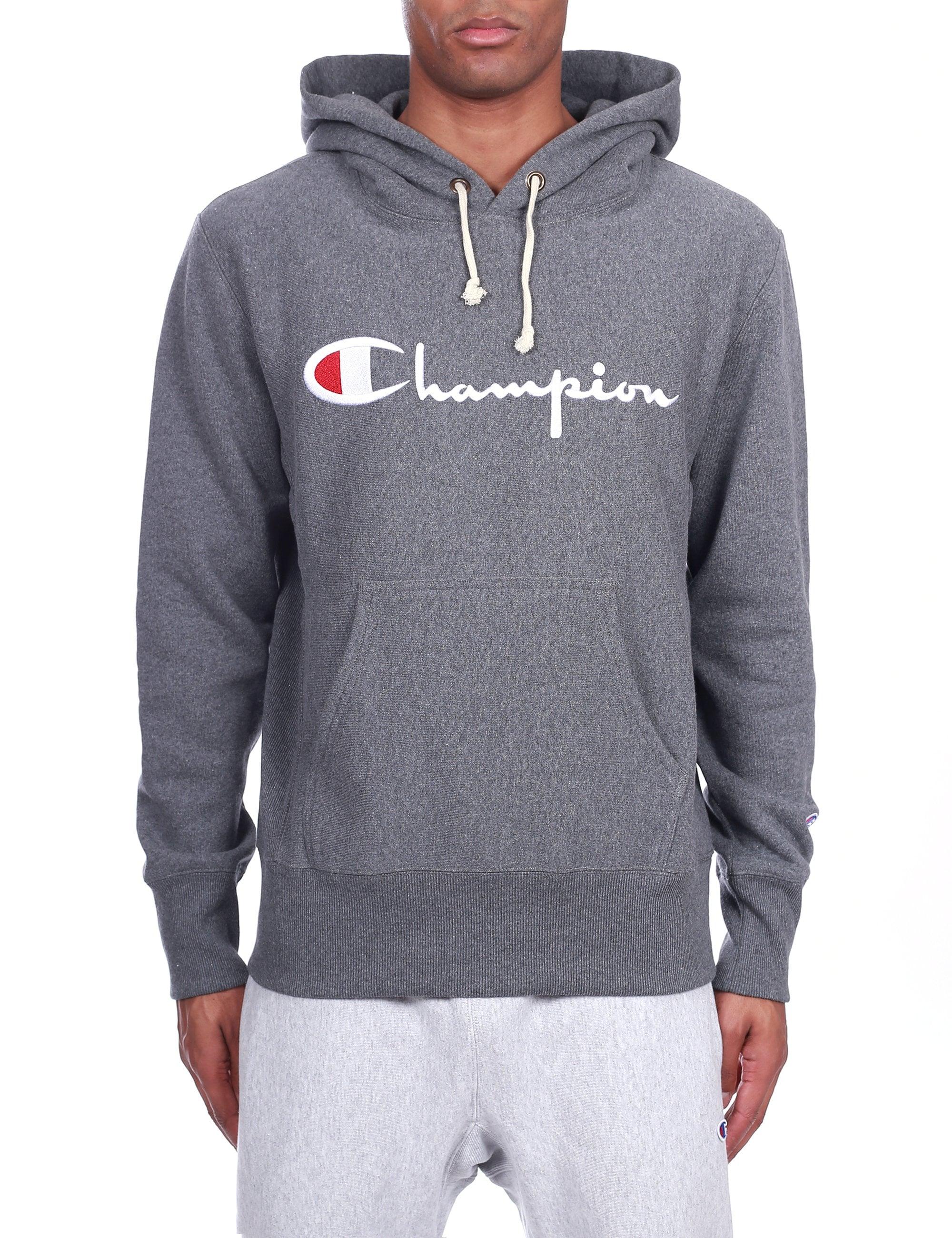 Champion Cotton Script Logo Reverse Weave Hoodie in Dark Grey (Grey ...