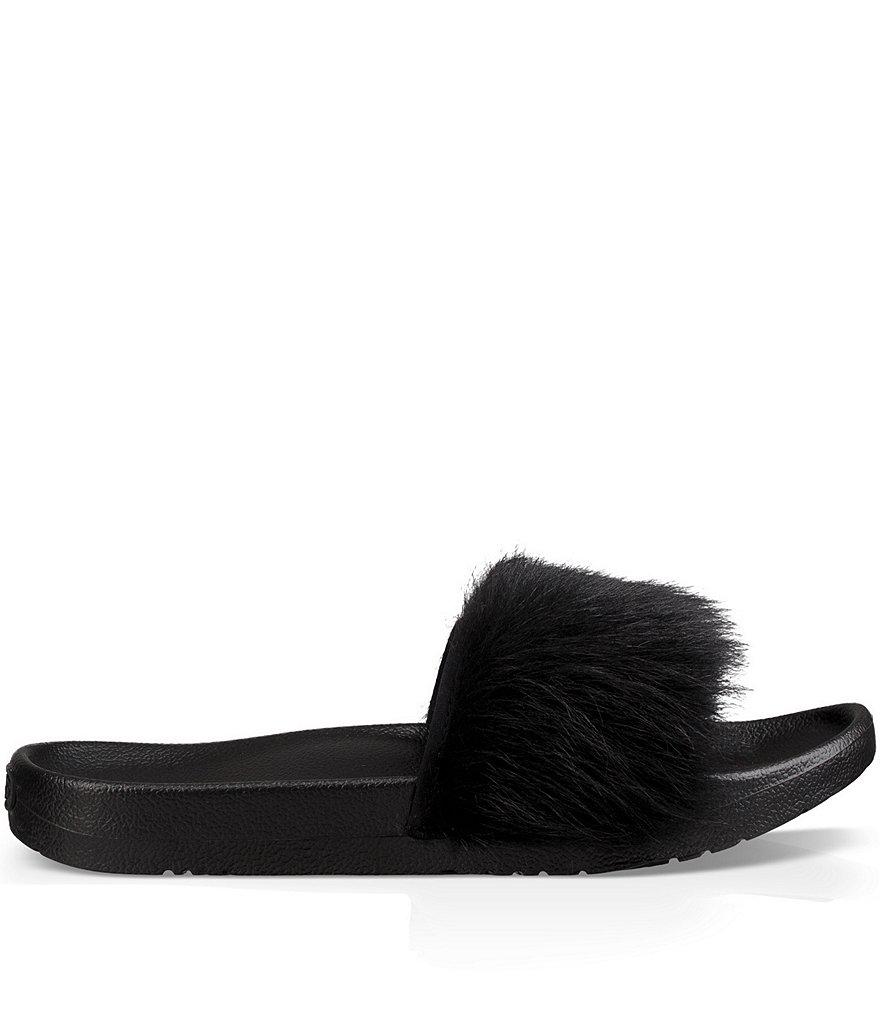 UGG Royale Fur Slide Sandals in Black - Lyst