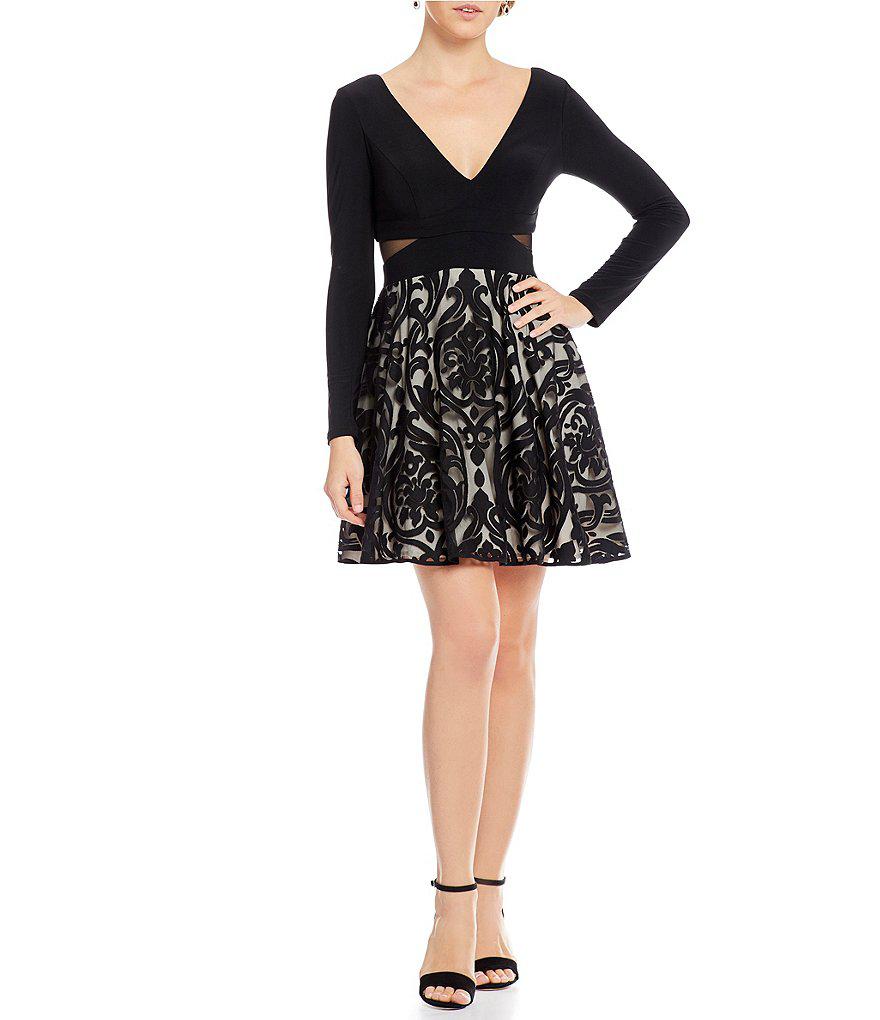 xscape long sleeve fit and flare dress