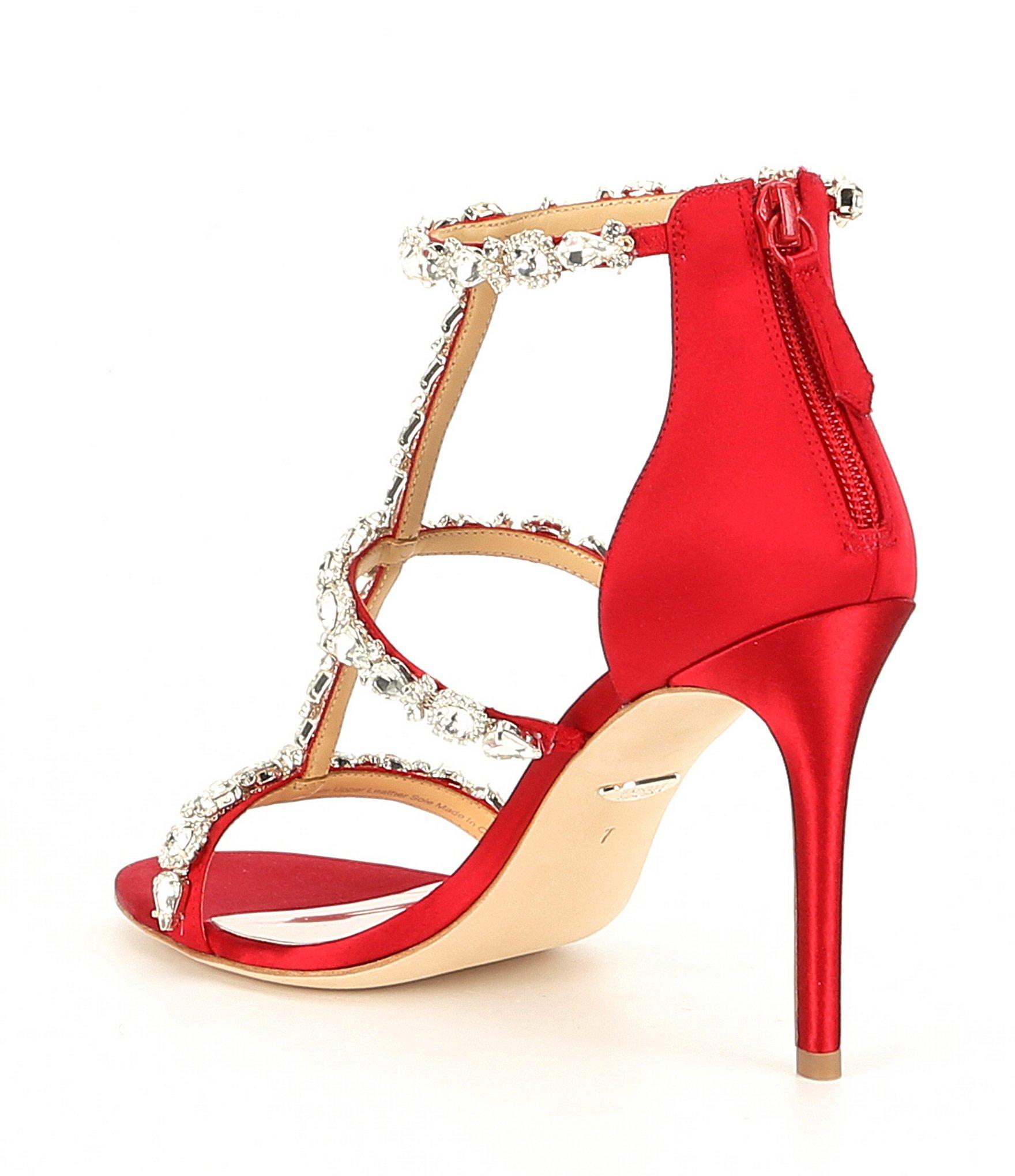 Classic Badgley mischka red satin shoes for hangout with Friend