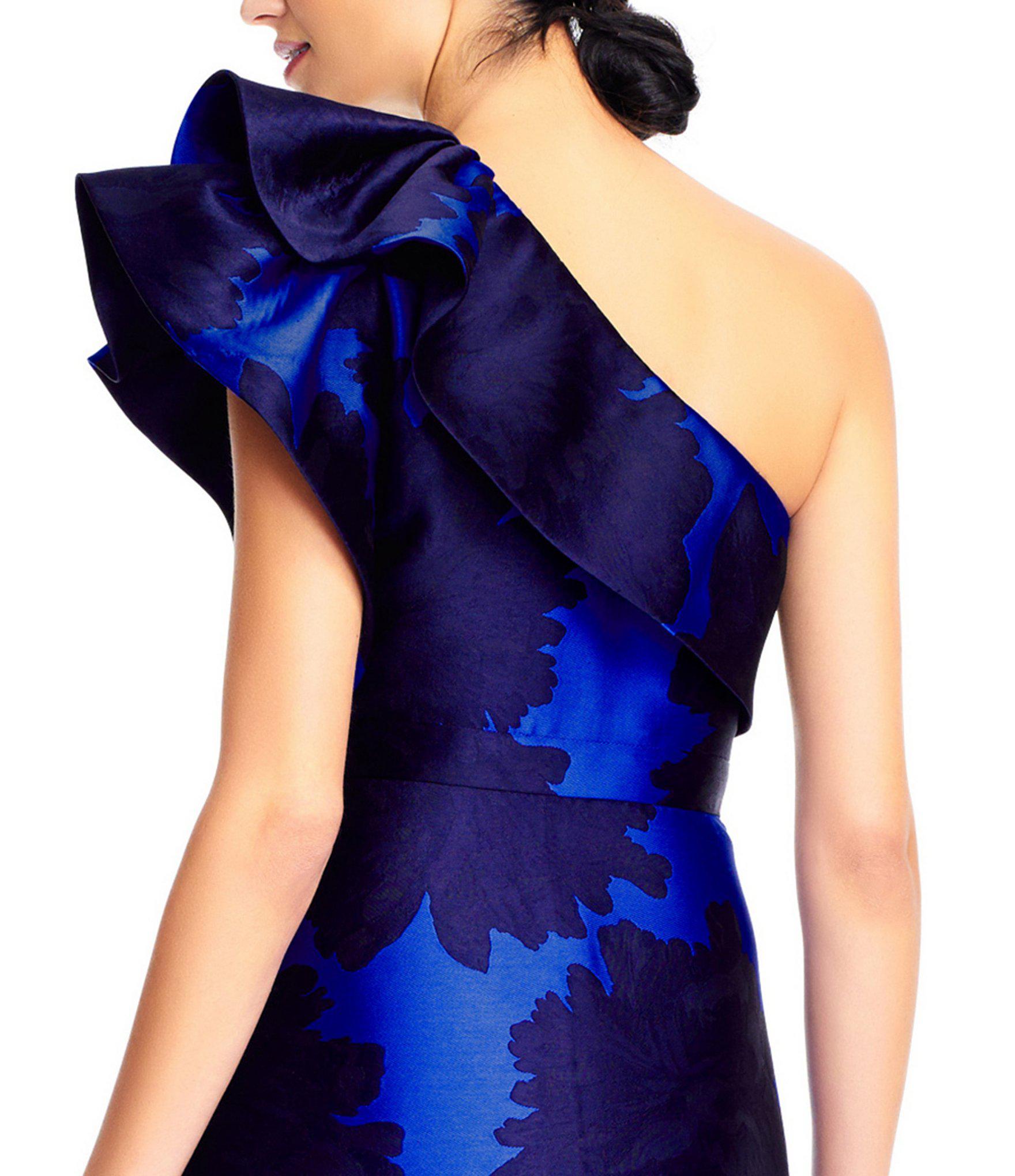 Adrianna Papell One Shoulder Ruffle Jacquard Gown in Blue - Lyst